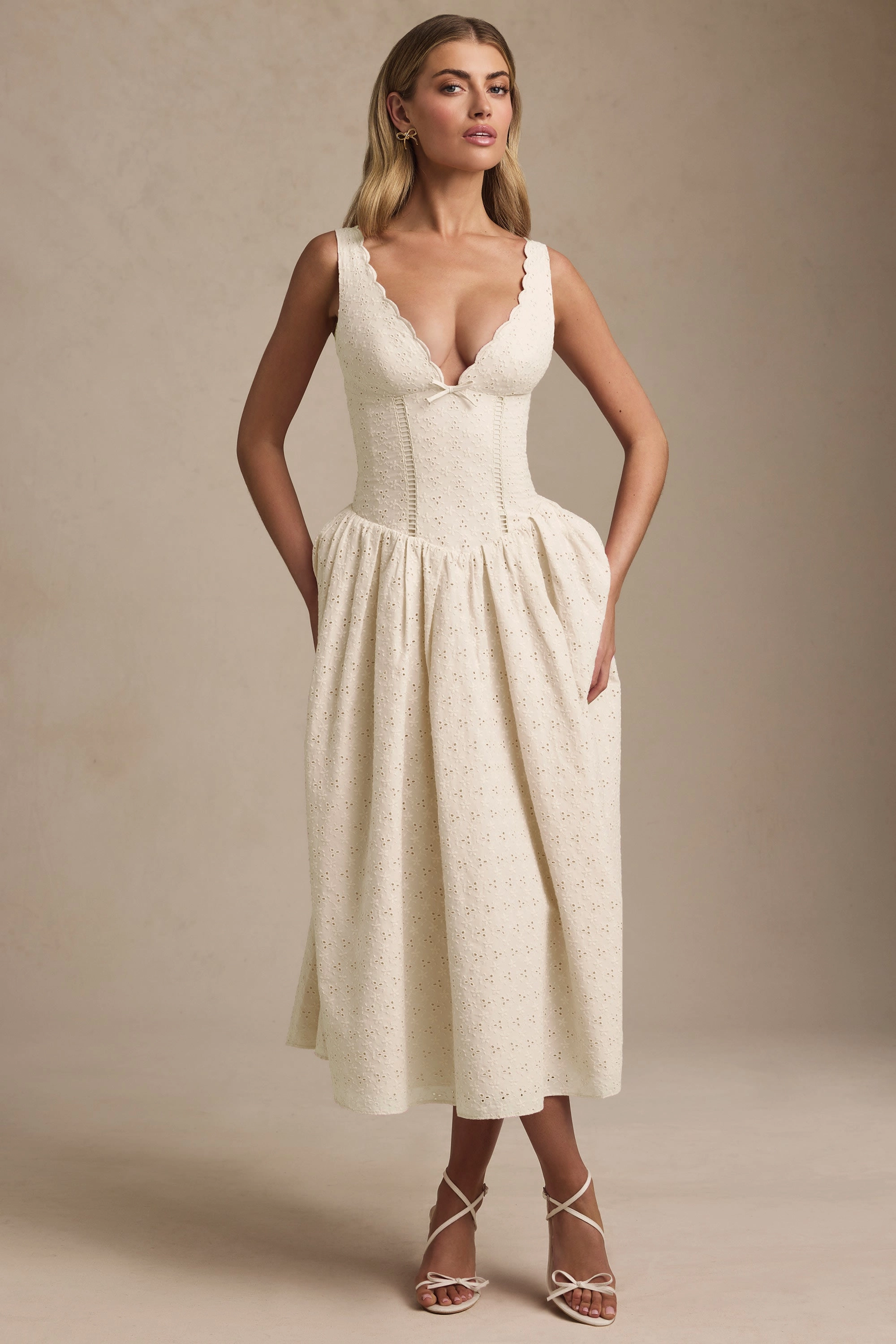 Broderie Anglaise Bow-Detail A-Line Midaxi Dress in Ivory