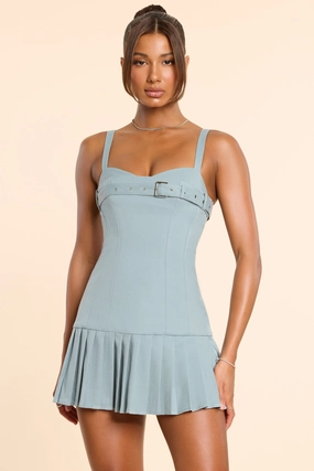 Brushed Twill Drop Waist Kilt Mini Dress in Stone Blue Dresses - wrap dresses discount