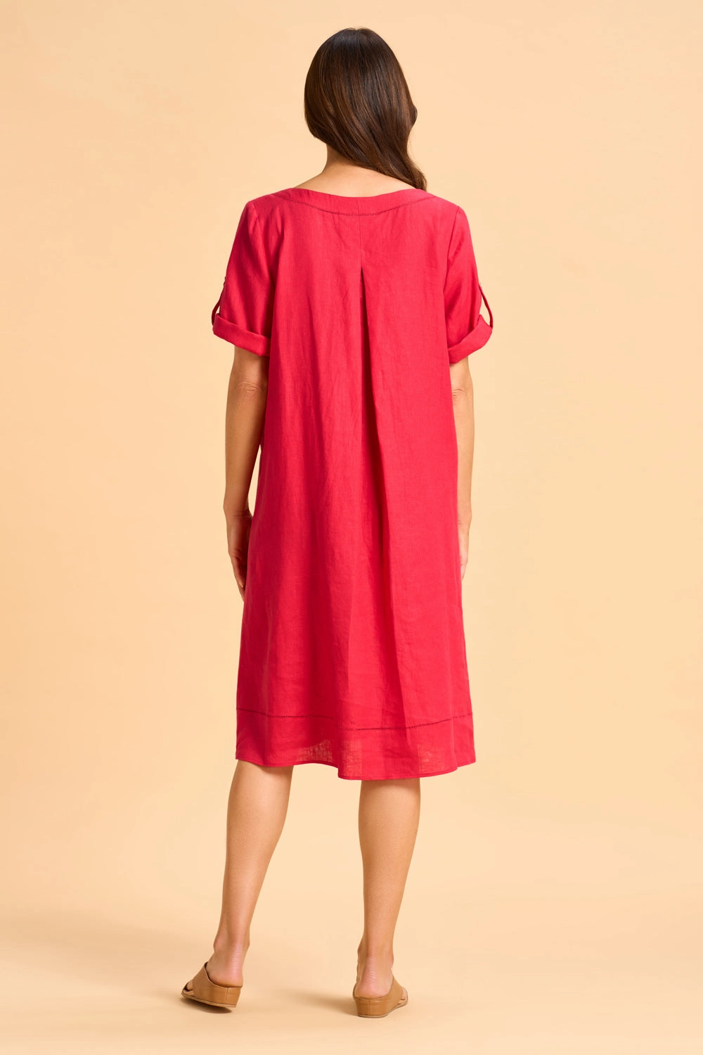Button Detail Linen Dress - Rouge