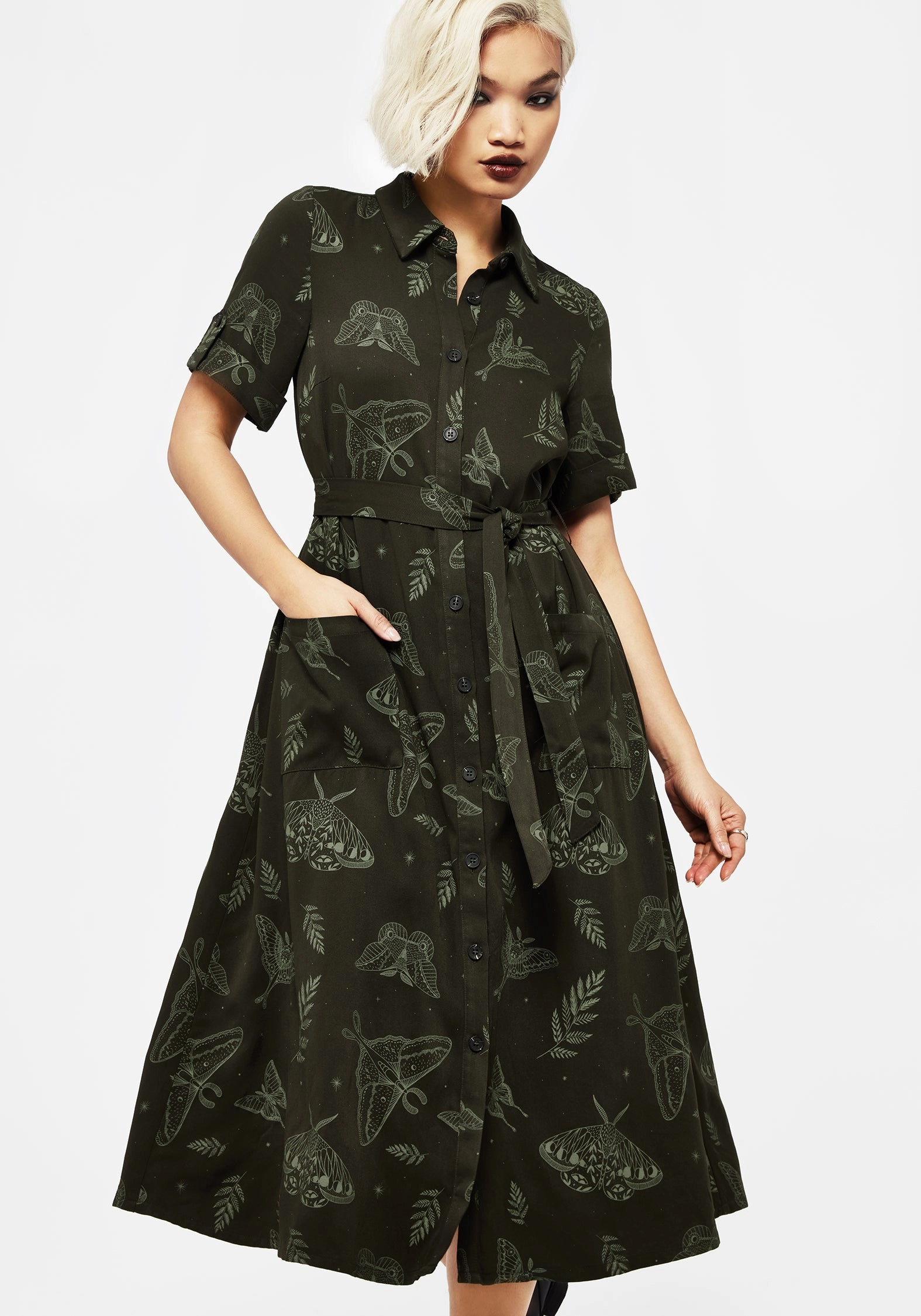 Callopistria Moth Print Midi Shirt Dress - Green Dresses Womens - wedding guest outfits