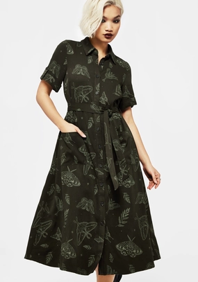 Callopistria Moth Print Midi Shirt Dress - Green Dresses Womens - wedding guest outfits