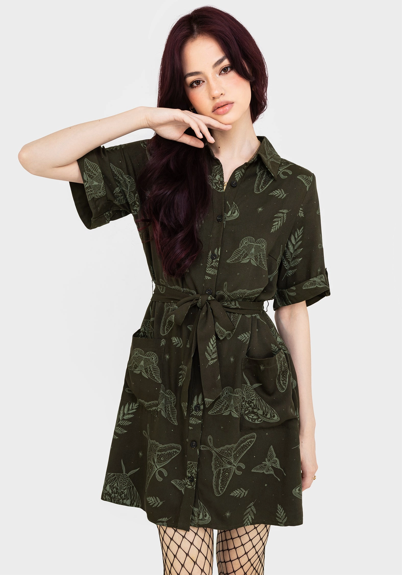 Callopistria Moth Print Mini Shirt Dress - Green Dresses Womens - wedding guest outfits