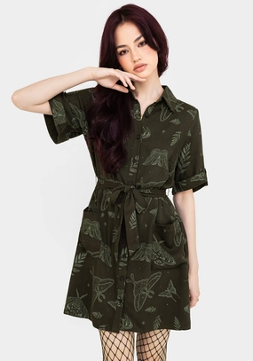 Callopistria Moth Print Mini Shirt Dress - Green Dresses Womens - wedding guest outfits