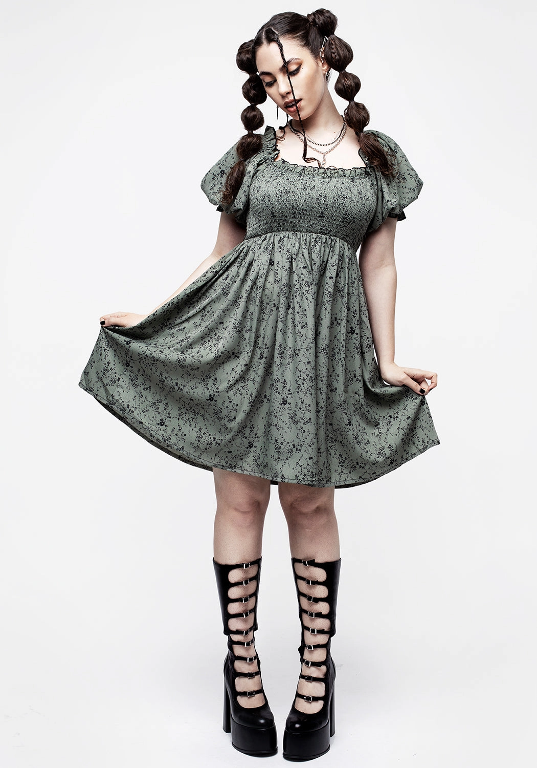 Cassie Green Floral Mini Babydoll Dress Dresses Womens - wedding guest outfits