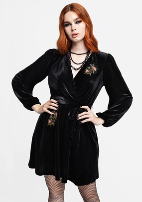 Cleome Floral Spiderweb Embroidered Velour Faux Wrap Mini Dress Dresses Womens - wedding guest outfits