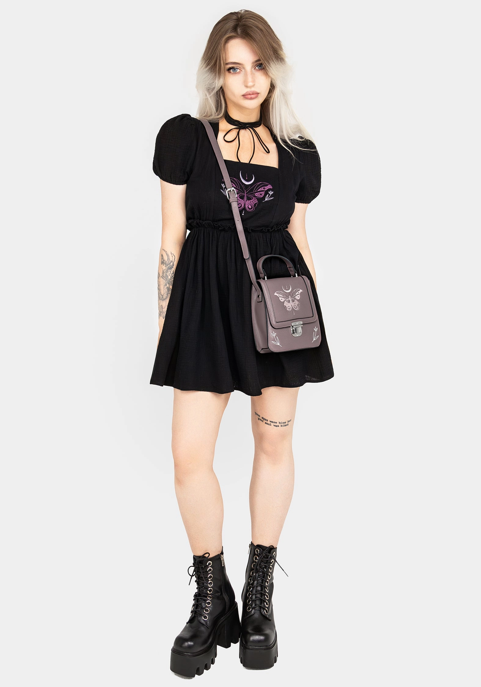 Cocoon Butterfly Embroidered Puff Sleeve Mini Dress