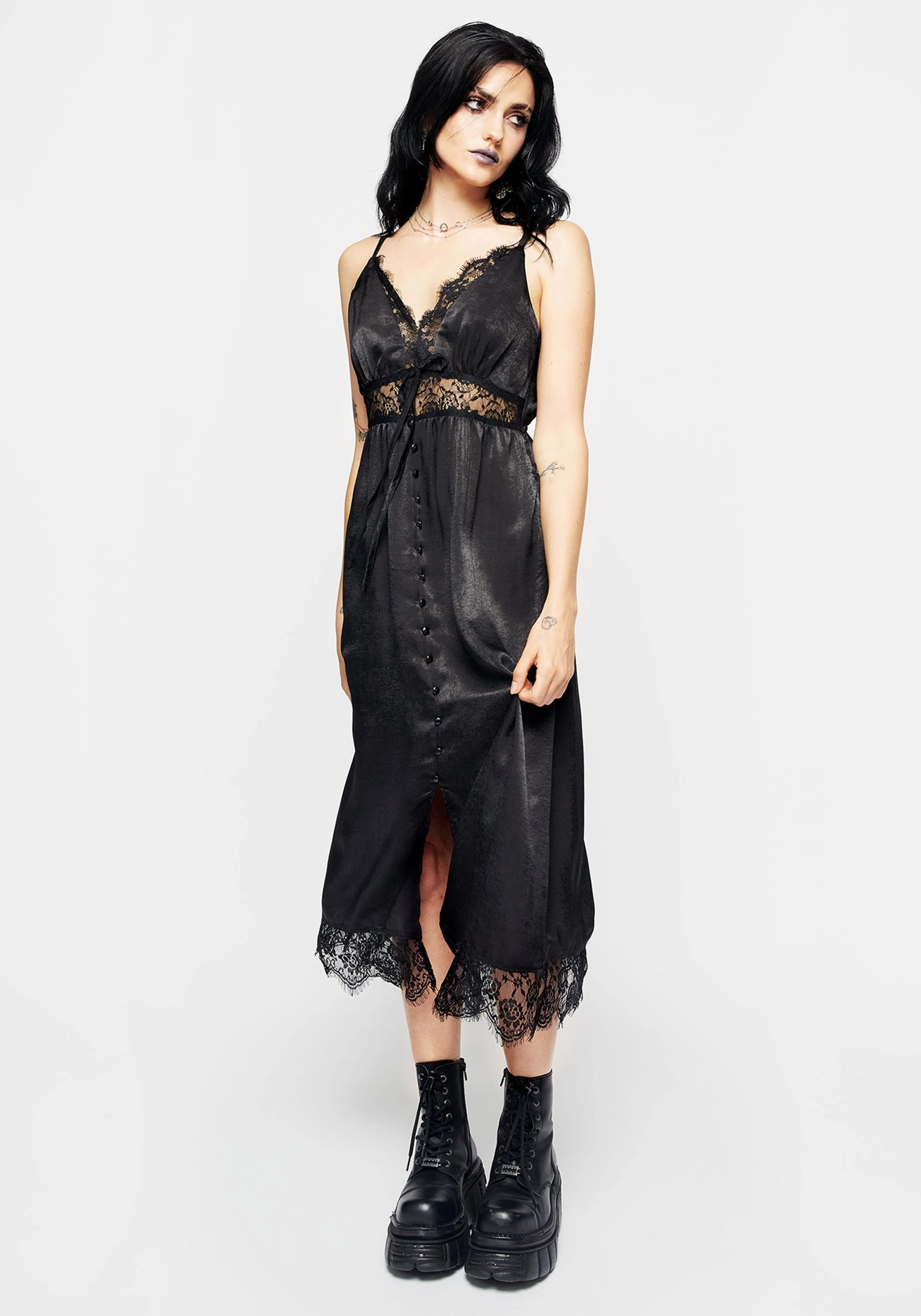 Conjure Satin Lace Trim Cami Midi Dress Dresses Womens - summer dresses discount