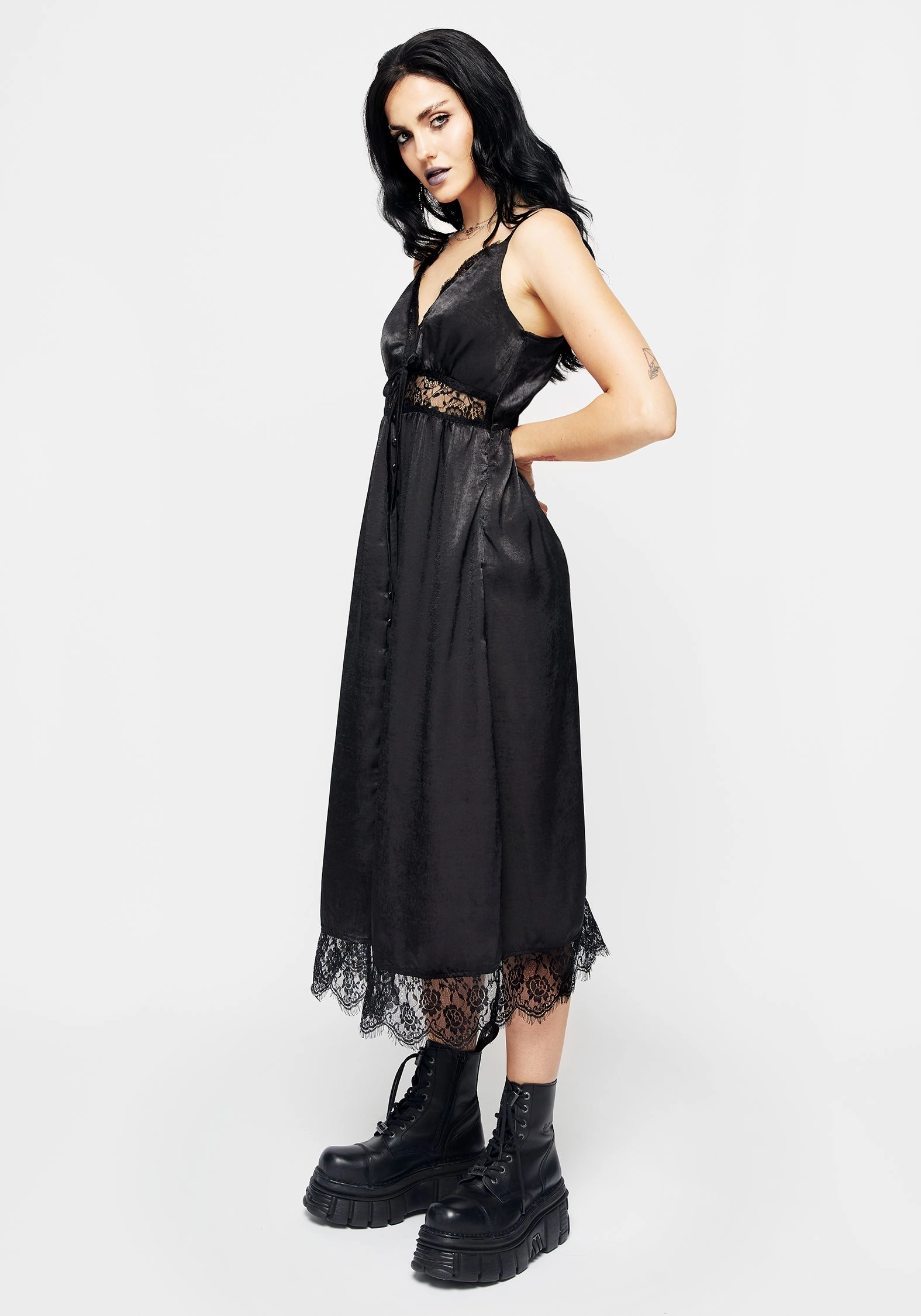 Conjure Satin Lace Trim Cami Midi Dress