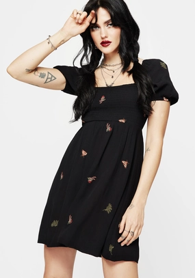 Copia Moth Embroidered Puff Sleeve Mini Dress Dresses Womens - summer dresses discount