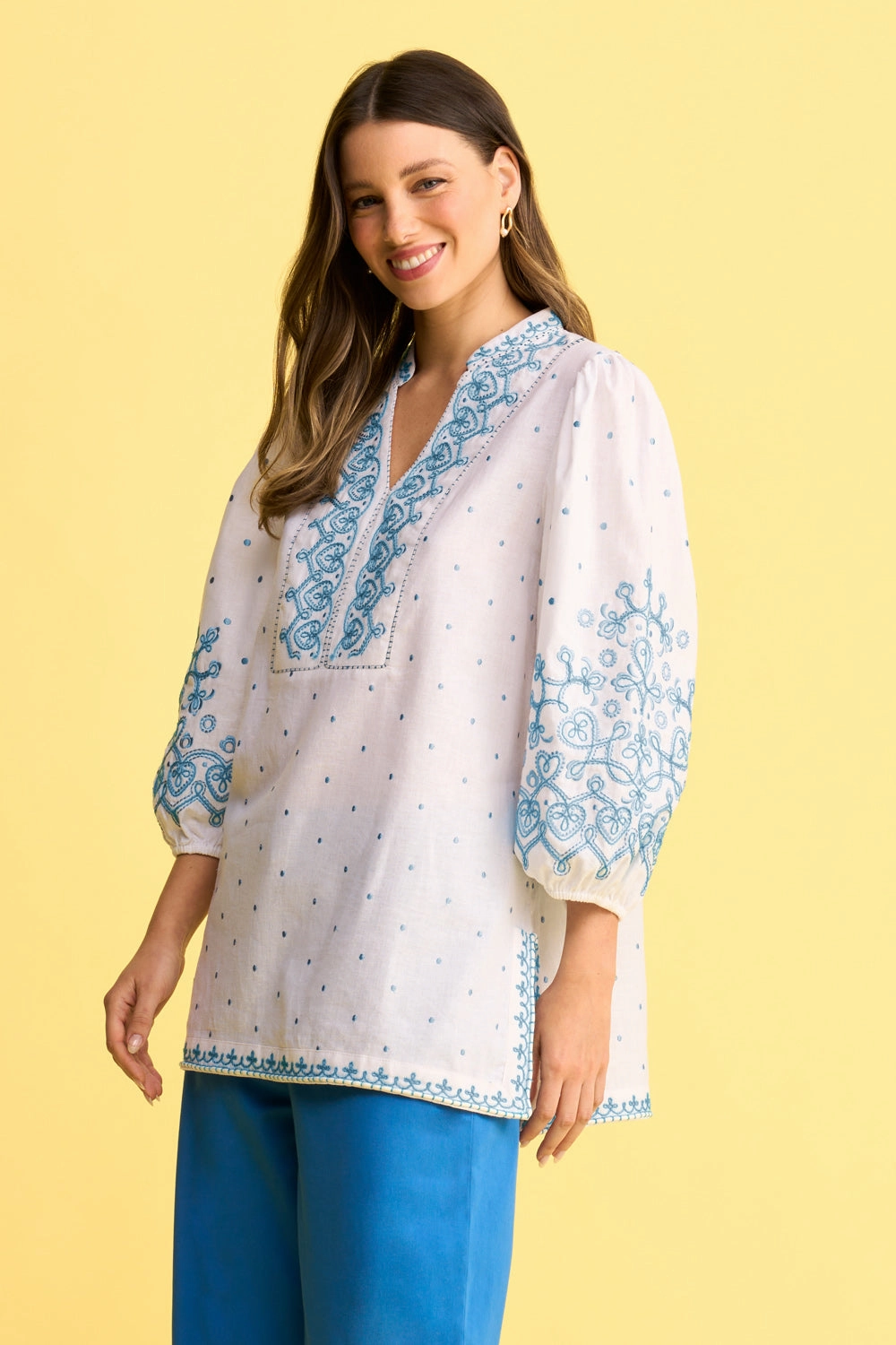 Cord Embroidered Kaftan - Blue & White Embroidered