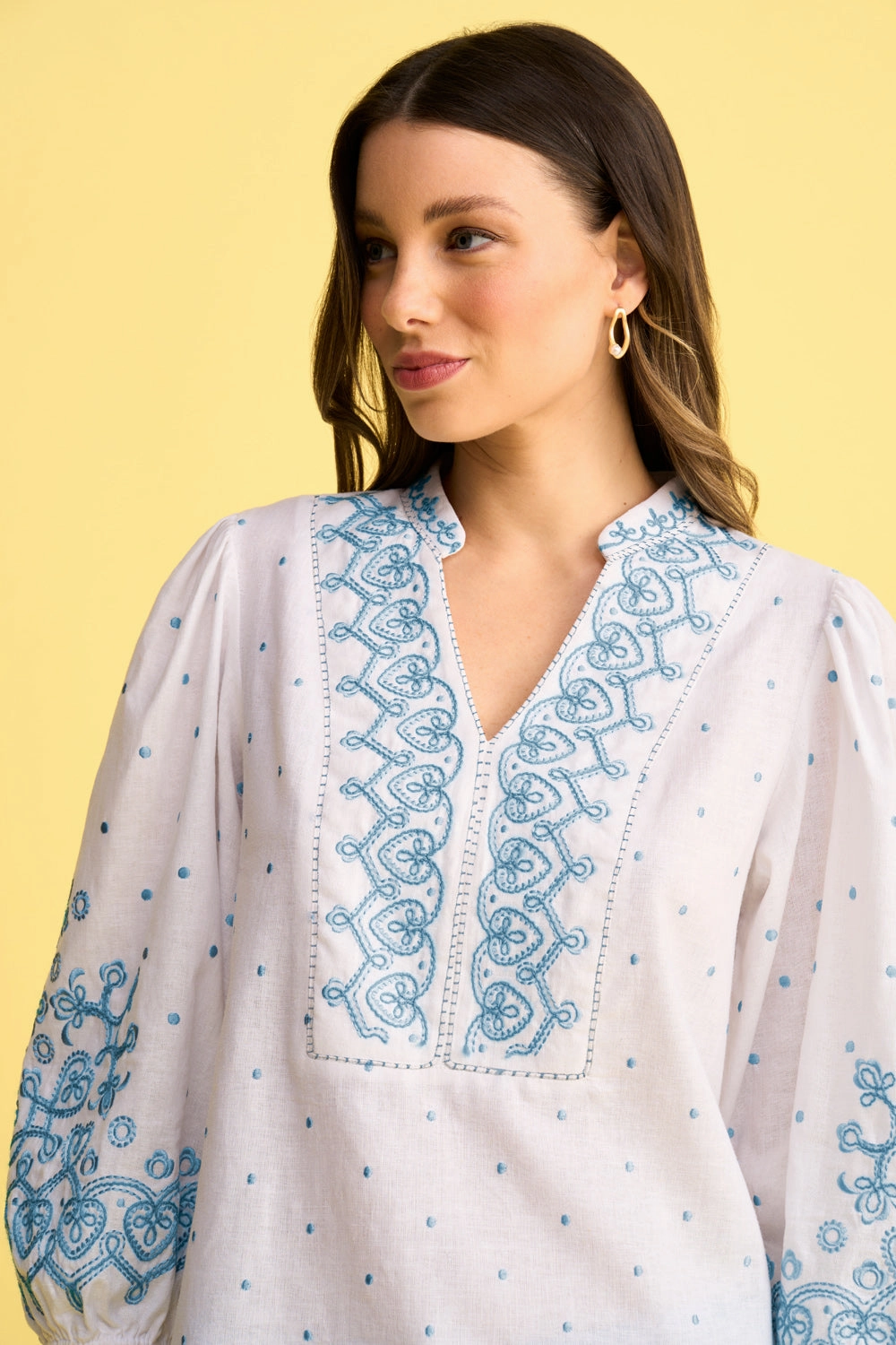 Cord Embroidered Kaftan - Blue & White Embroidered