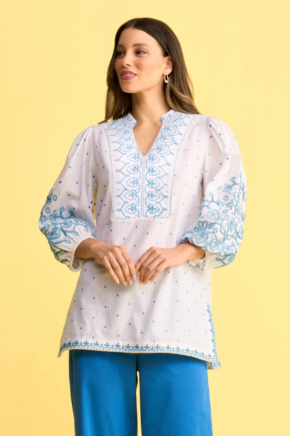 Cord Embroidered Kaftan - Blue & White Embroidered