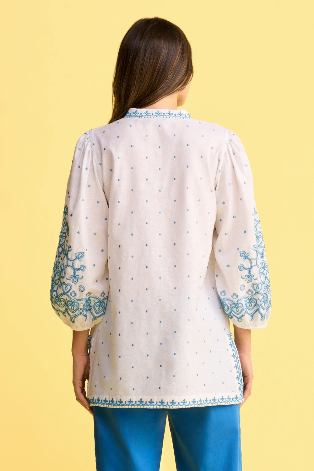 Cord Embroidered Kaftan - Blue & White Embroidered