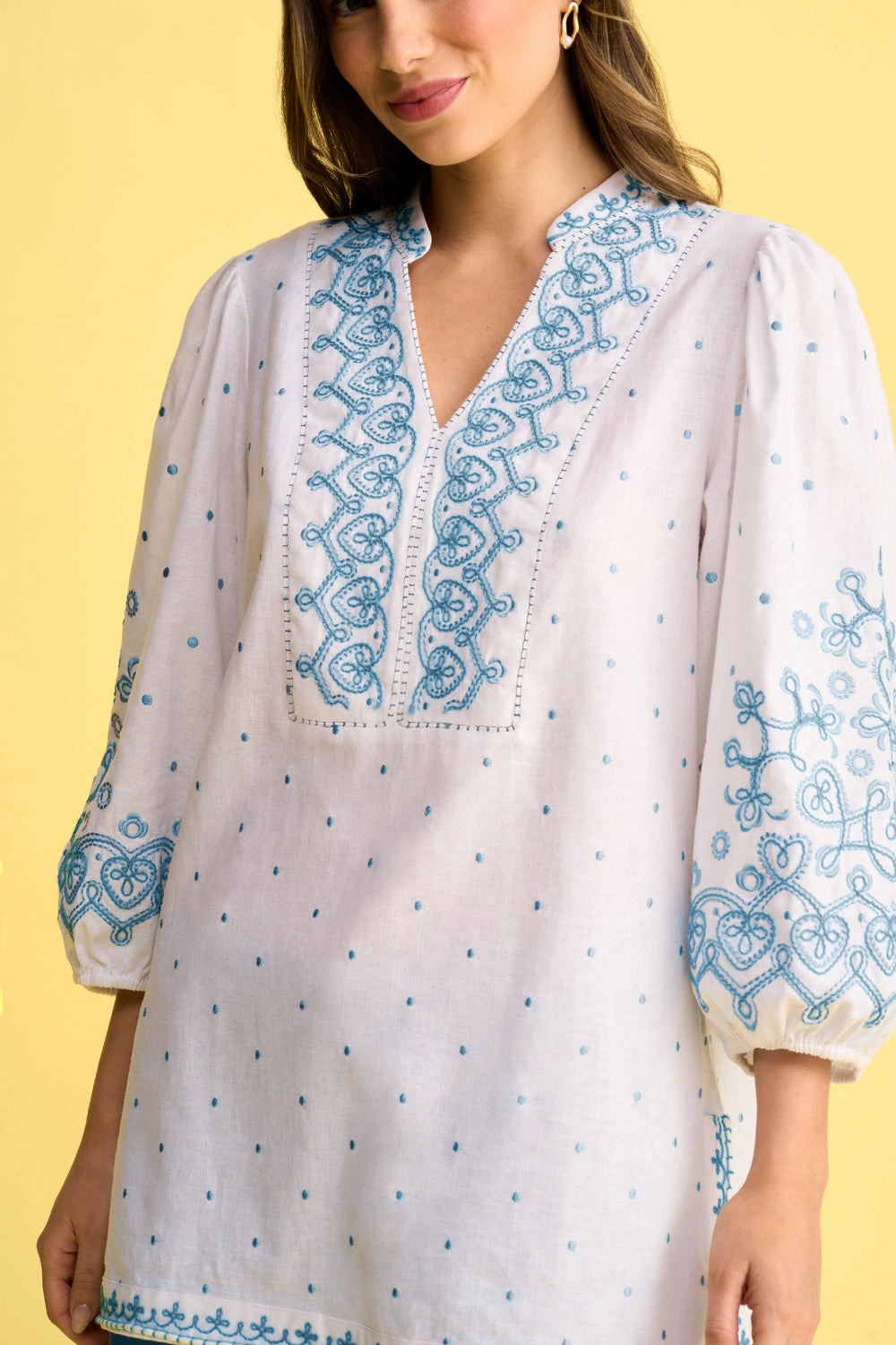 Cord Embroidered Kaftan - Blue & White Embroidered