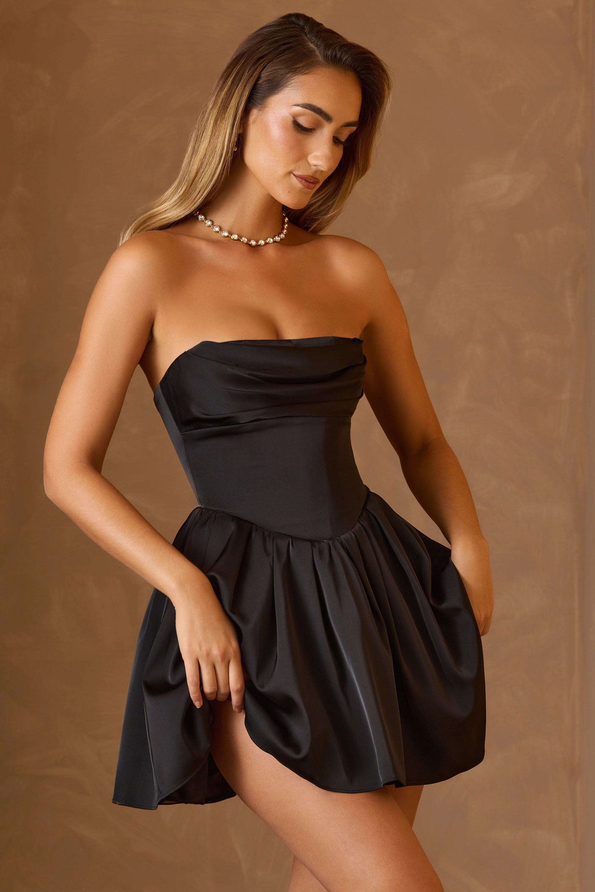 Cowl-Neck Corset Mini Dress in Black Dresses - lace dresses best price