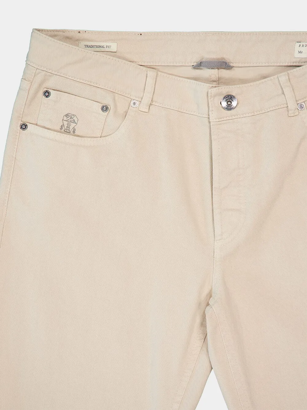 Cream Garment-Dyed Lightweight Denim Five-Pocket Trousers