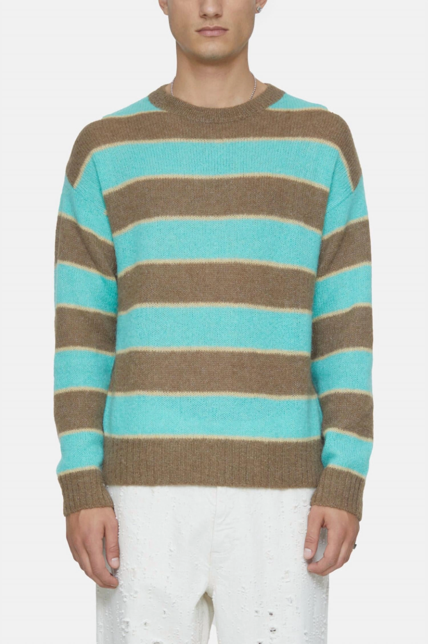 Crew Neck Striped Jumper In Glazed Green chunky knit discount