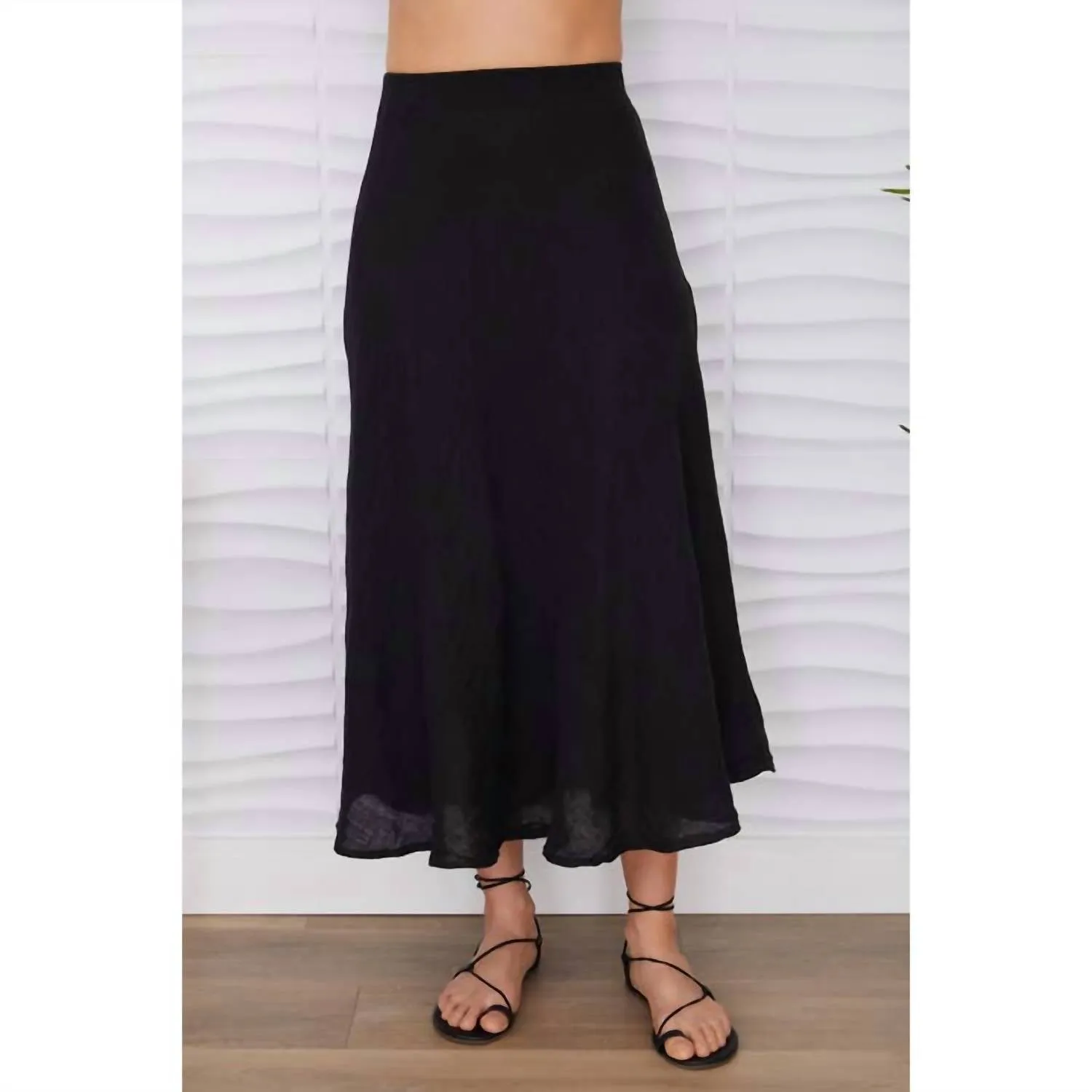 Crinkle Linen Midi Skirt In Black