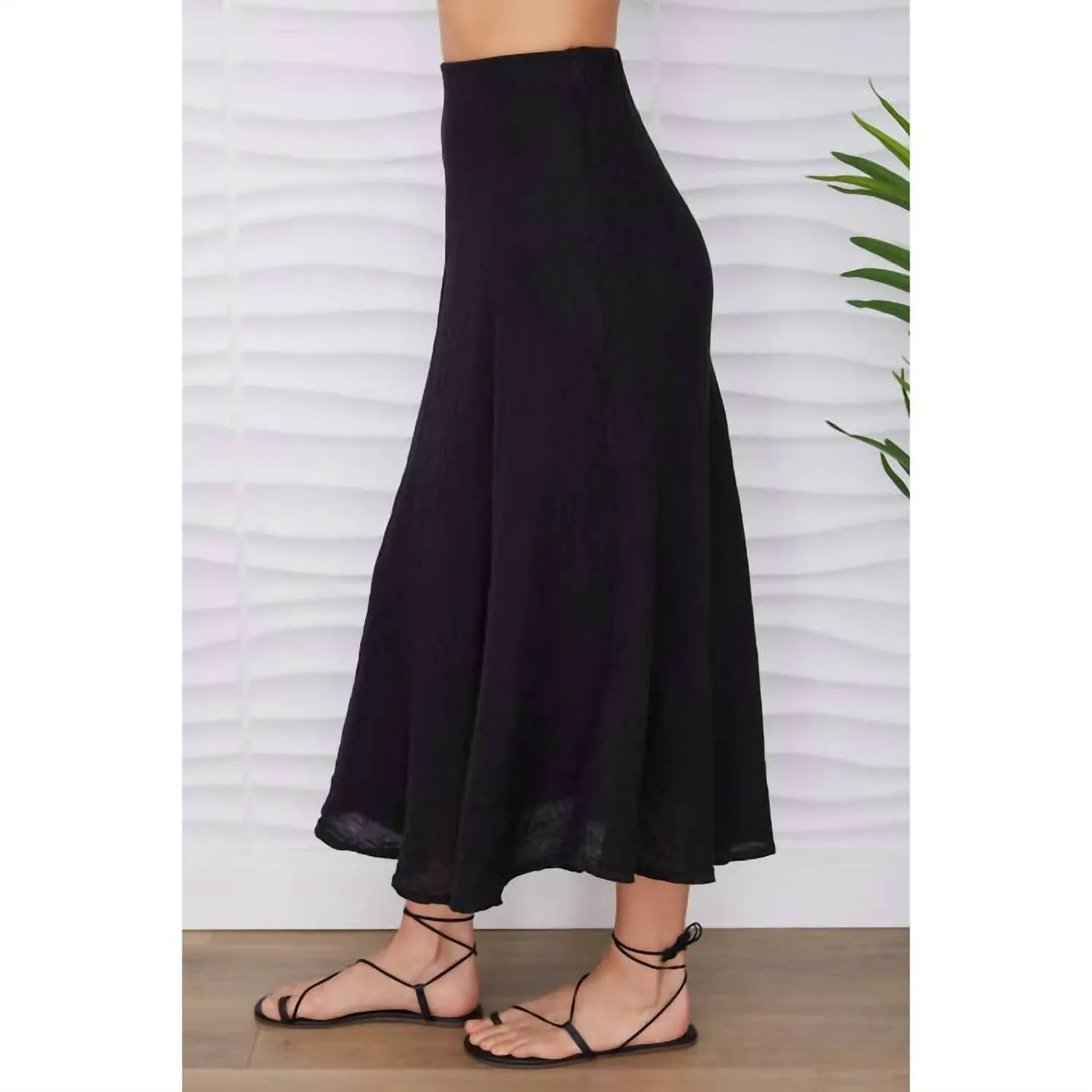 Crinkle Linen Midi Skirt In Black