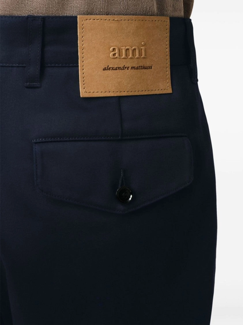 Cropped Navy Blue Trousers With Flap And Slash Pockets