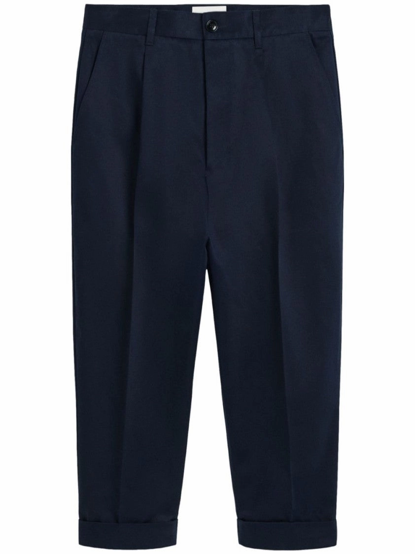 Cropped Navy Blue Trousers With Flap And Slash Pockets