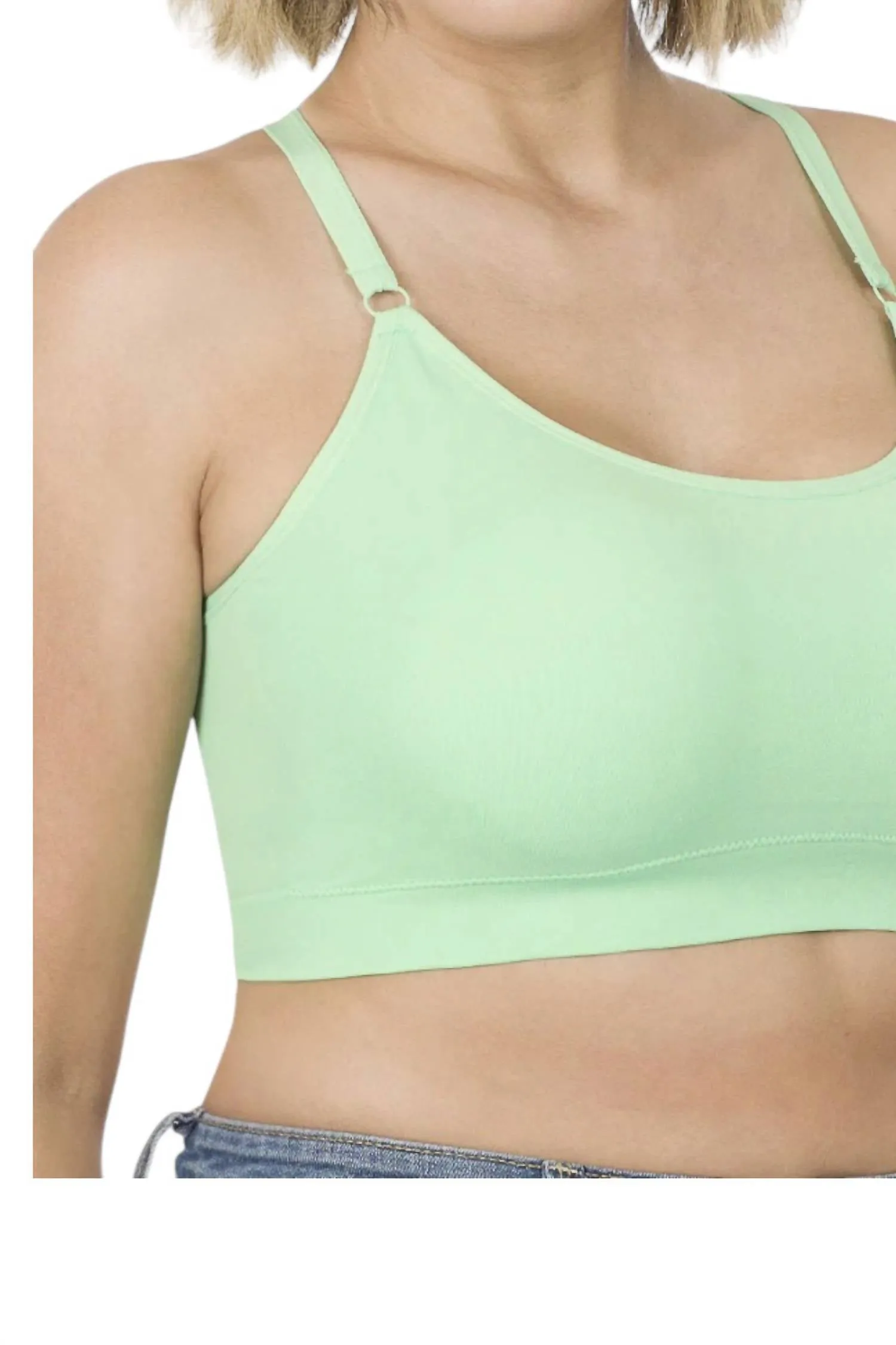 Cross Back Padded Seamless Bra With Adjustable Strap In Green Mint