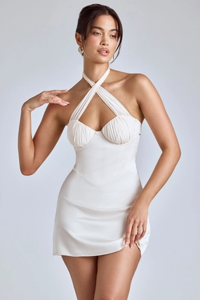Cross-Neck A-Line Mini Dress in Ivory Dresses - sundresses outlet
