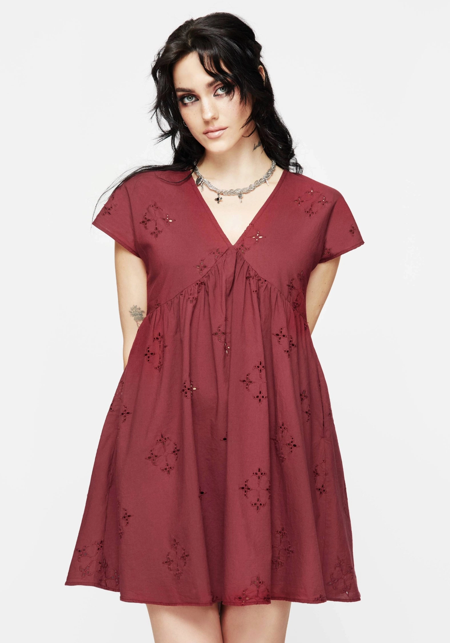 Crux Broderie Cotton Smock Mini Dress - Red Dresses Womens - wedding guest outfits