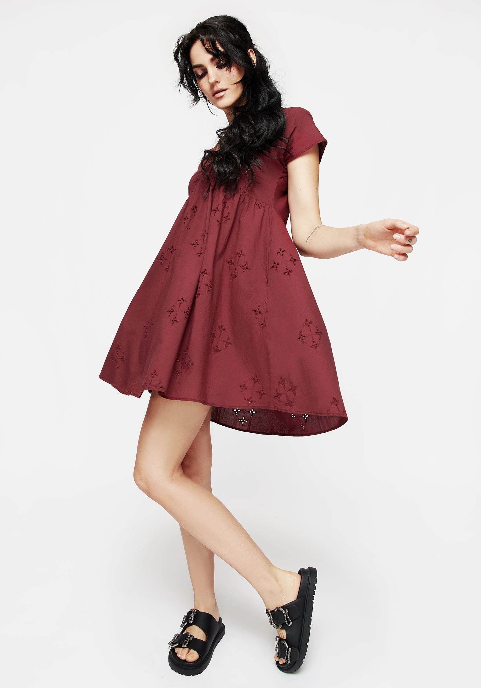 Crux Broderie Cotton Smock Mini Dress - Red