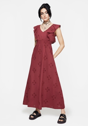 Crux Broderie Cotton V-Neck Frill Maxi Dress Dresses Womens - wedding guest outfits