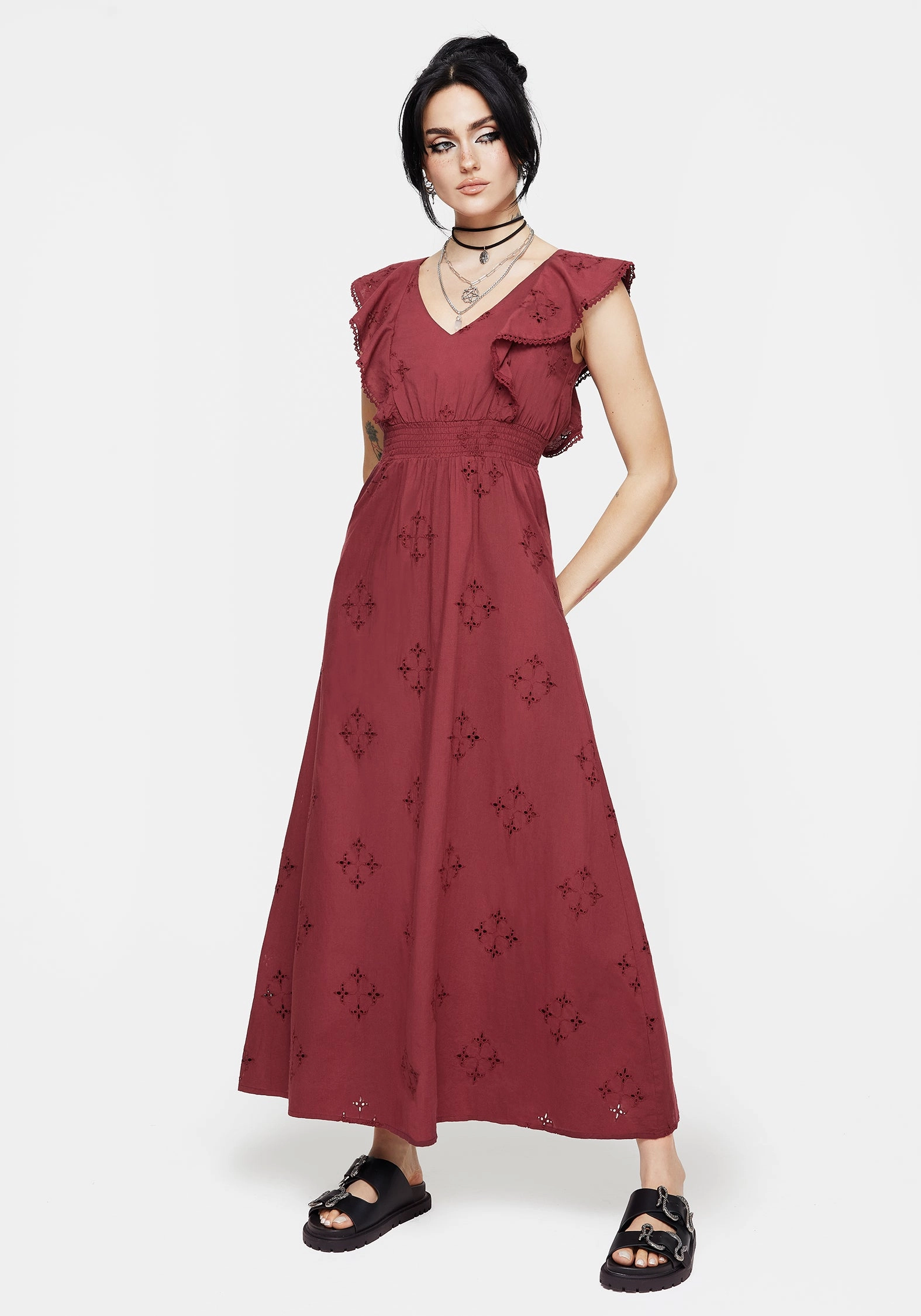 Crux Broderie Cotton V-Neck Frill Maxi Dress Dresses Womens - wedding guest outfits