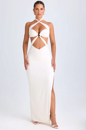 Cut-Out Ruched Halterneck Maxi Dress in White Dresses - midi dresses clearance