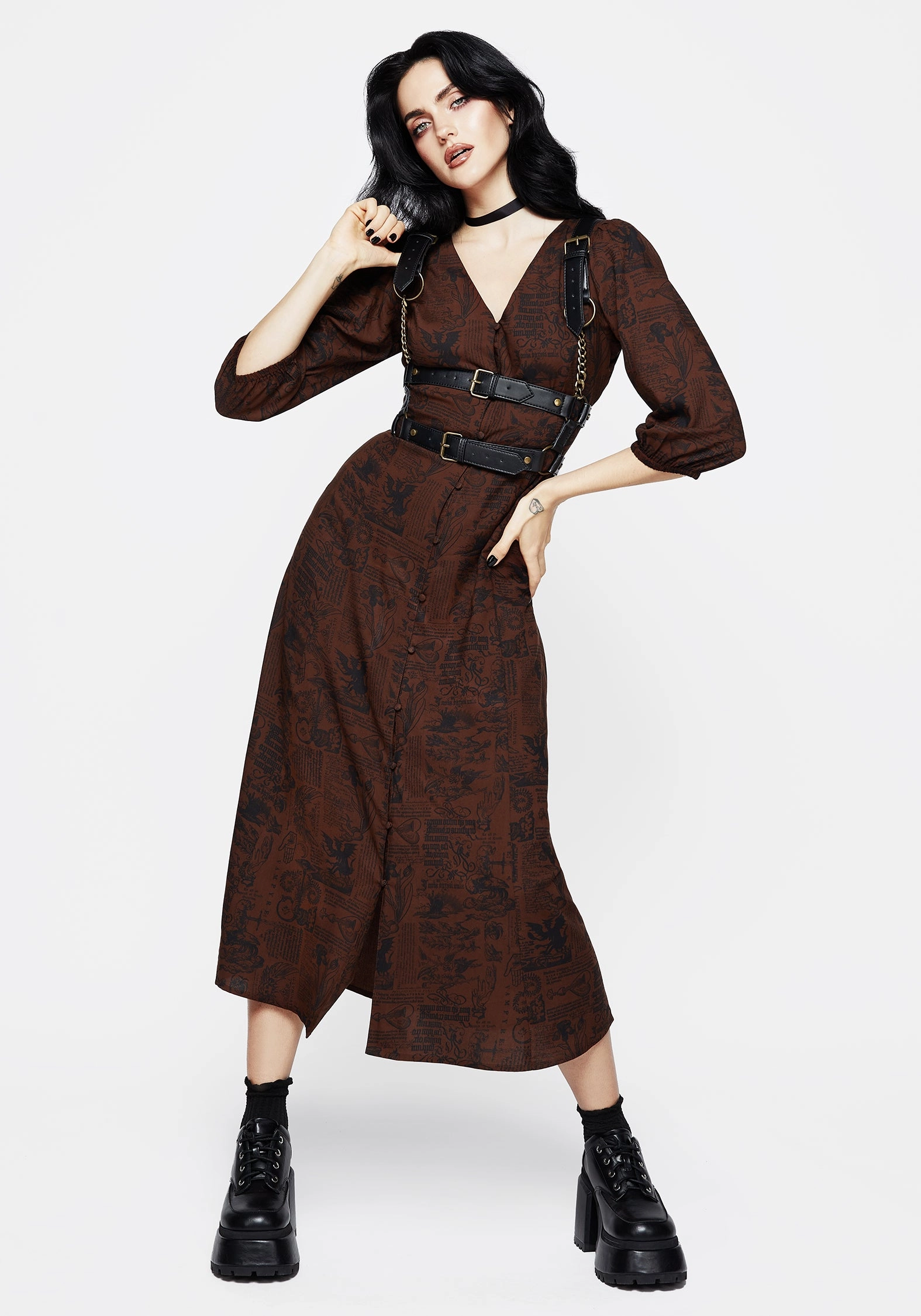 Daemonologie Woodcut Print Button Up Midaxi Dress Dresses Womens - wedding guest outfits