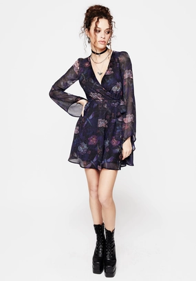 Dragonfly Floral Print Flute Sleeve Chiffon Mini Dress Dresses Womens - summer dresses discount