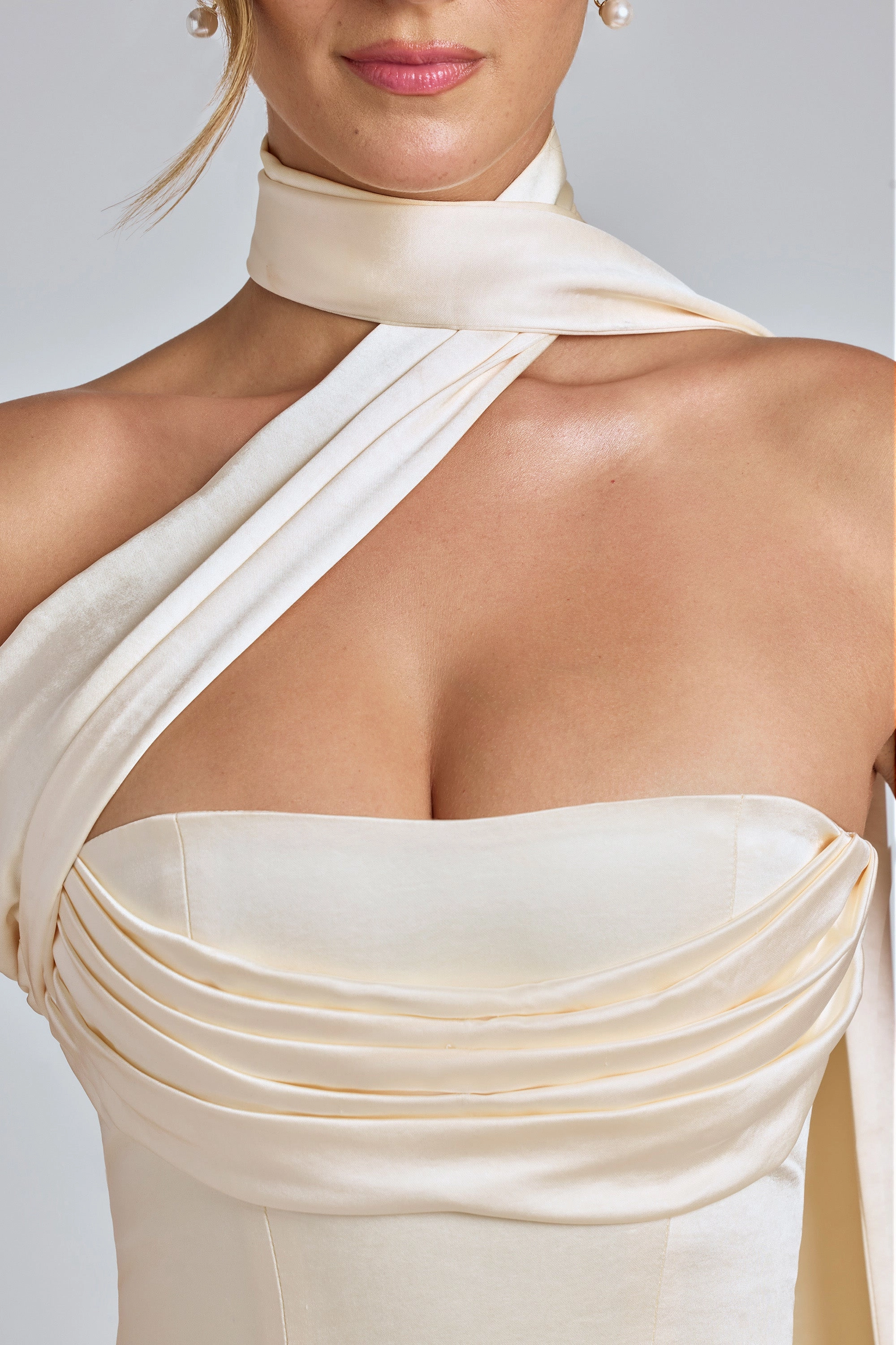 Draped Halterneck Satin Mini Dress in Ivory