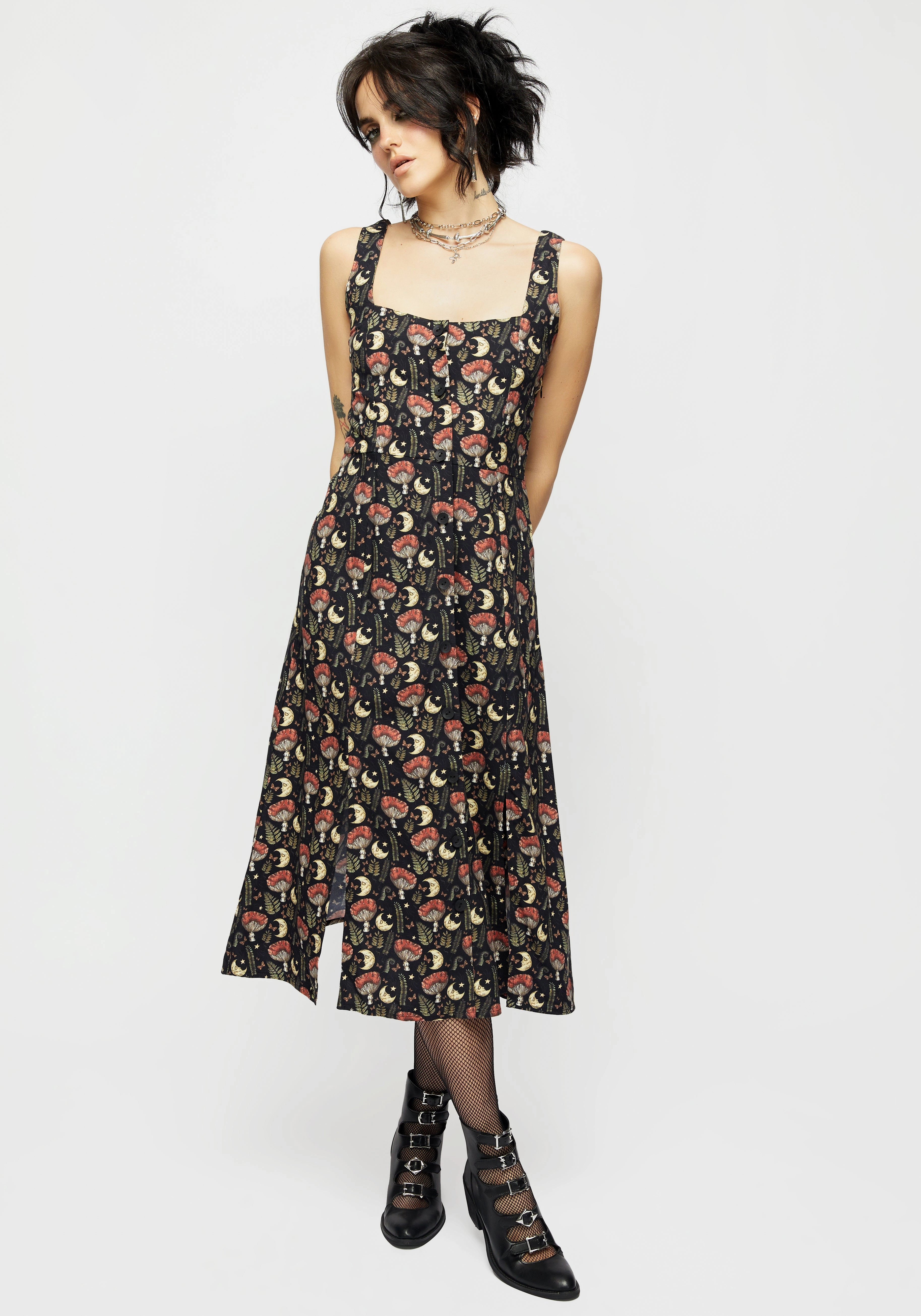 Dreamfast Mushroom Moon Print Square Neck Midi Dress Dresses Womens - beach dresses cheap