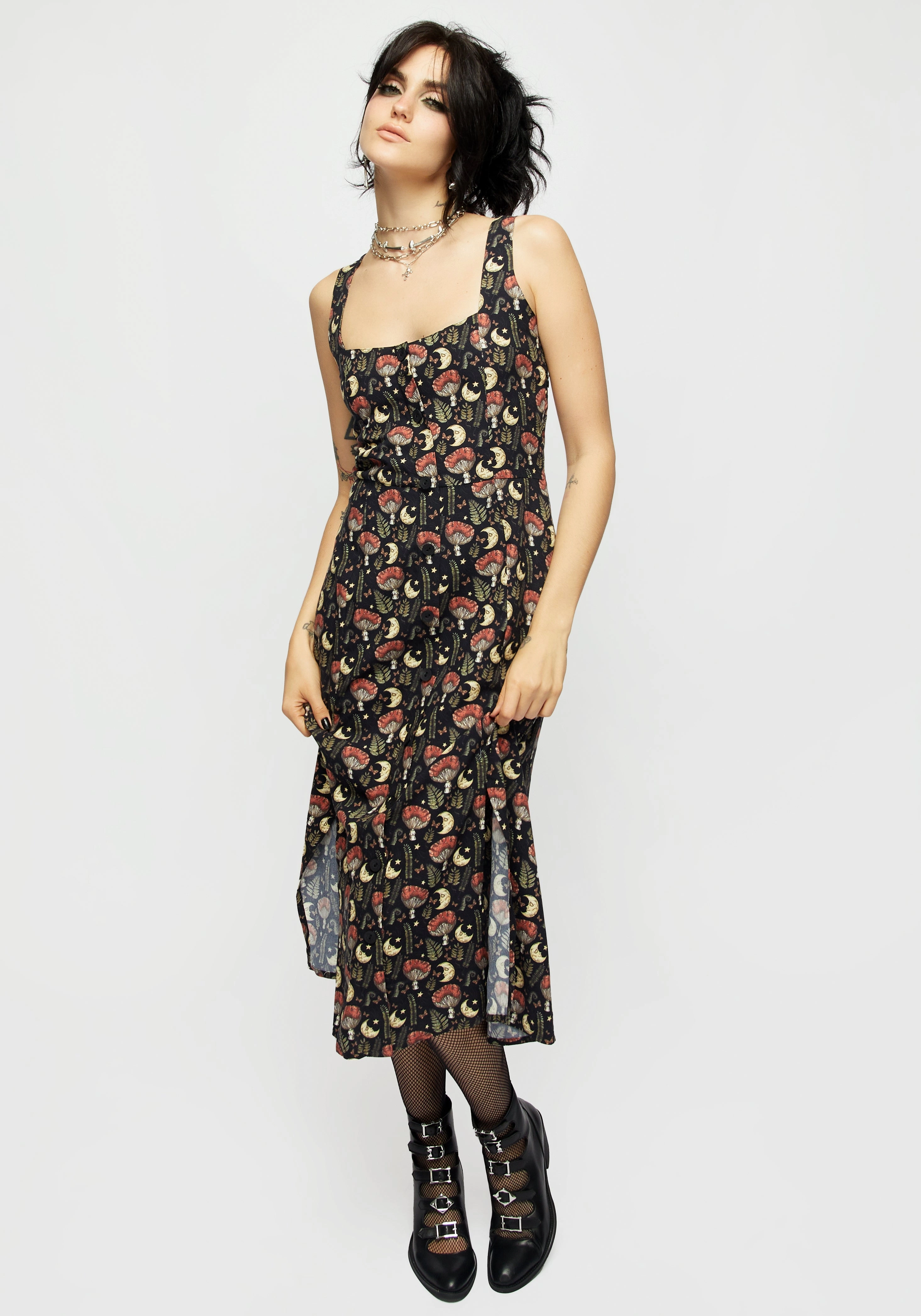 Dreamfast Mushroom Moon Print Square Neck Midi Dress