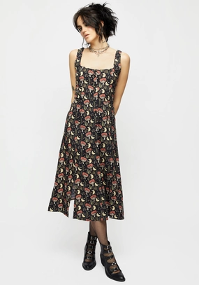 Dreamfast Mushroom Moon Print Square Neck Midi Dress Dresses Womens - beach dresses cheap