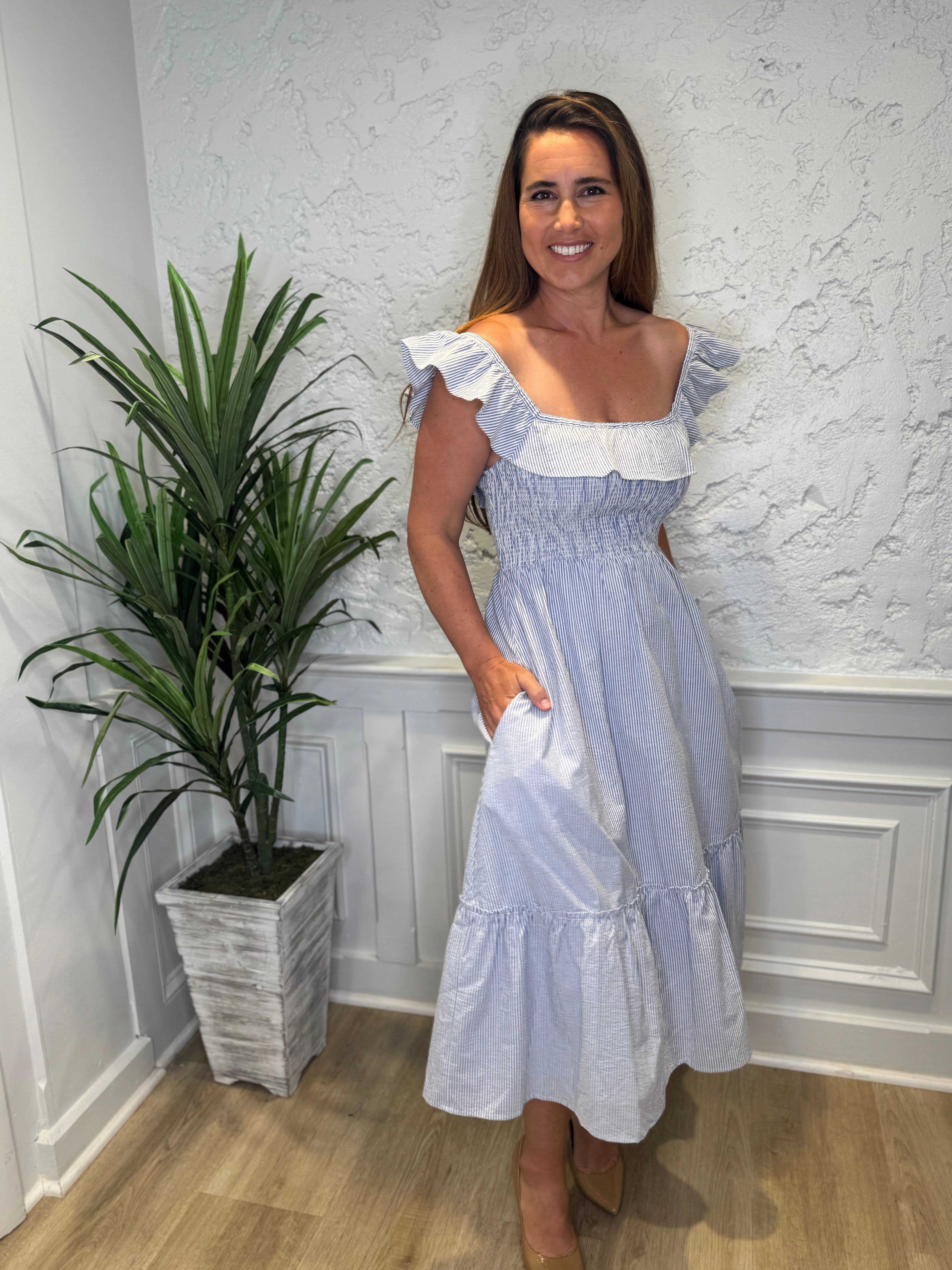 Duffield Lane Fleur Dress - Skinny Blue Seersucker