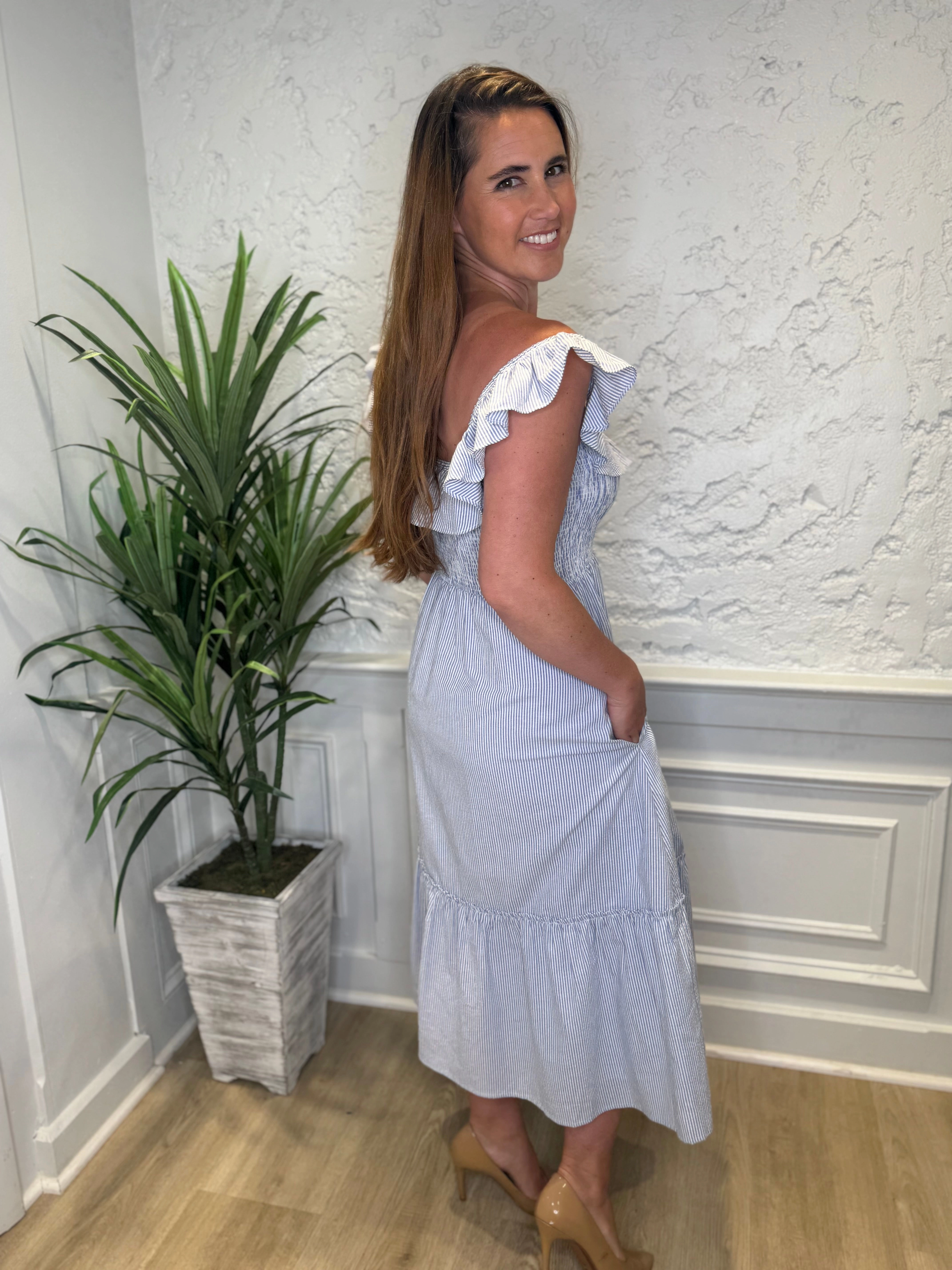 Duffield Lane Fleur Dress - Skinny Blue Seersucker