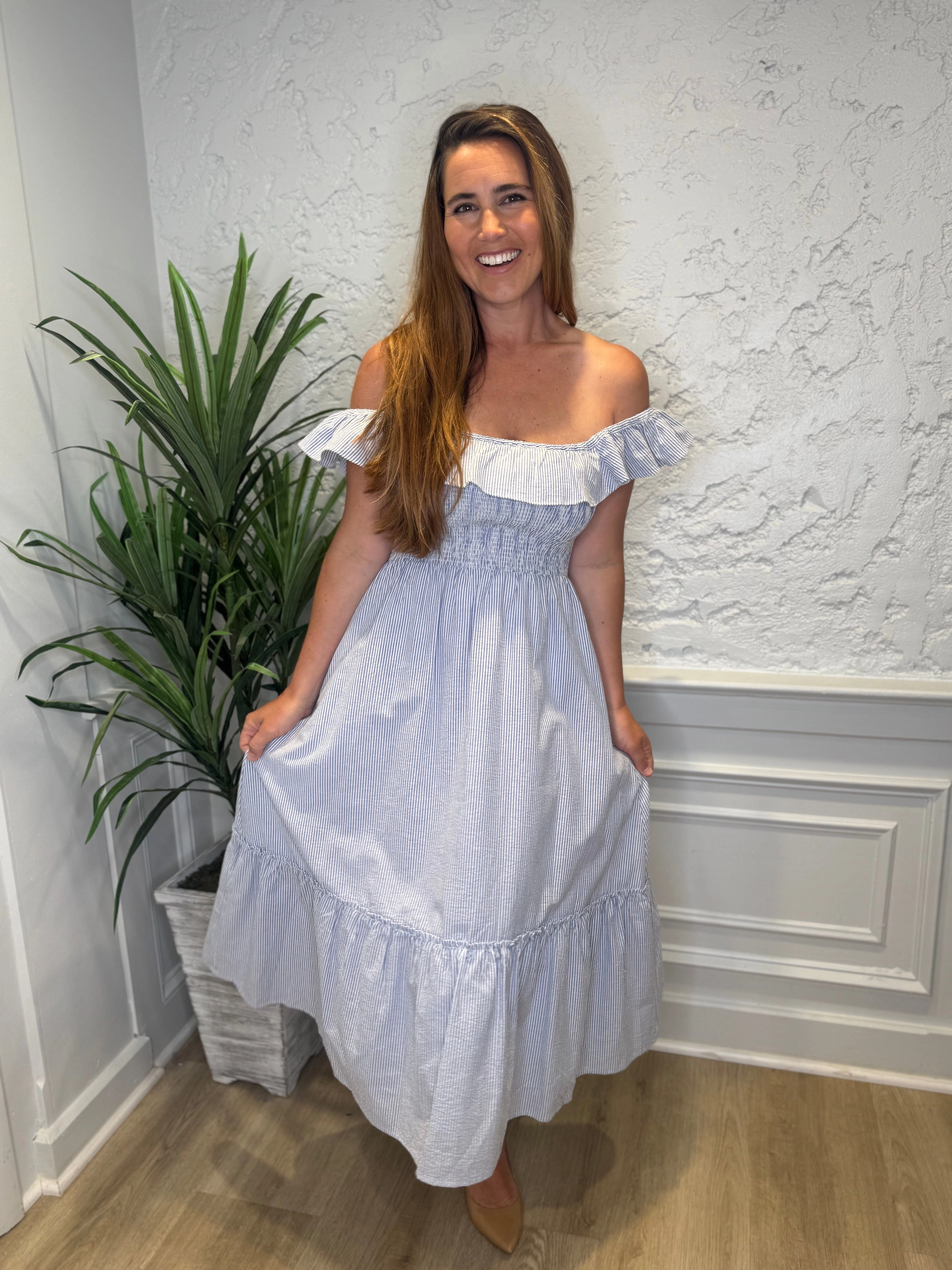 Duffield Lane Fleur Dress - Skinny Blue Seersucker
