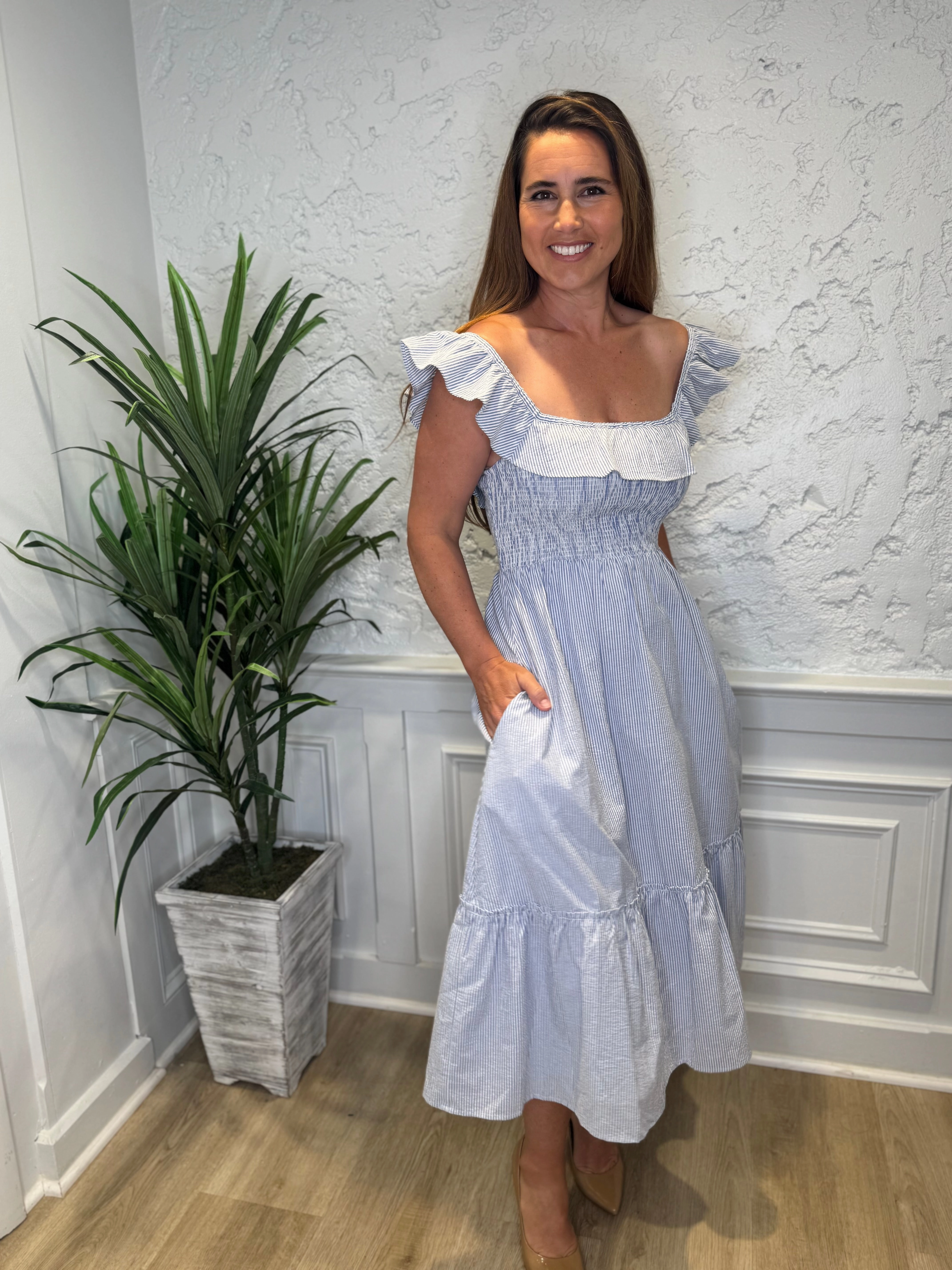 Duffield Lane Fleur Dress - Skinny Blue Seersucker