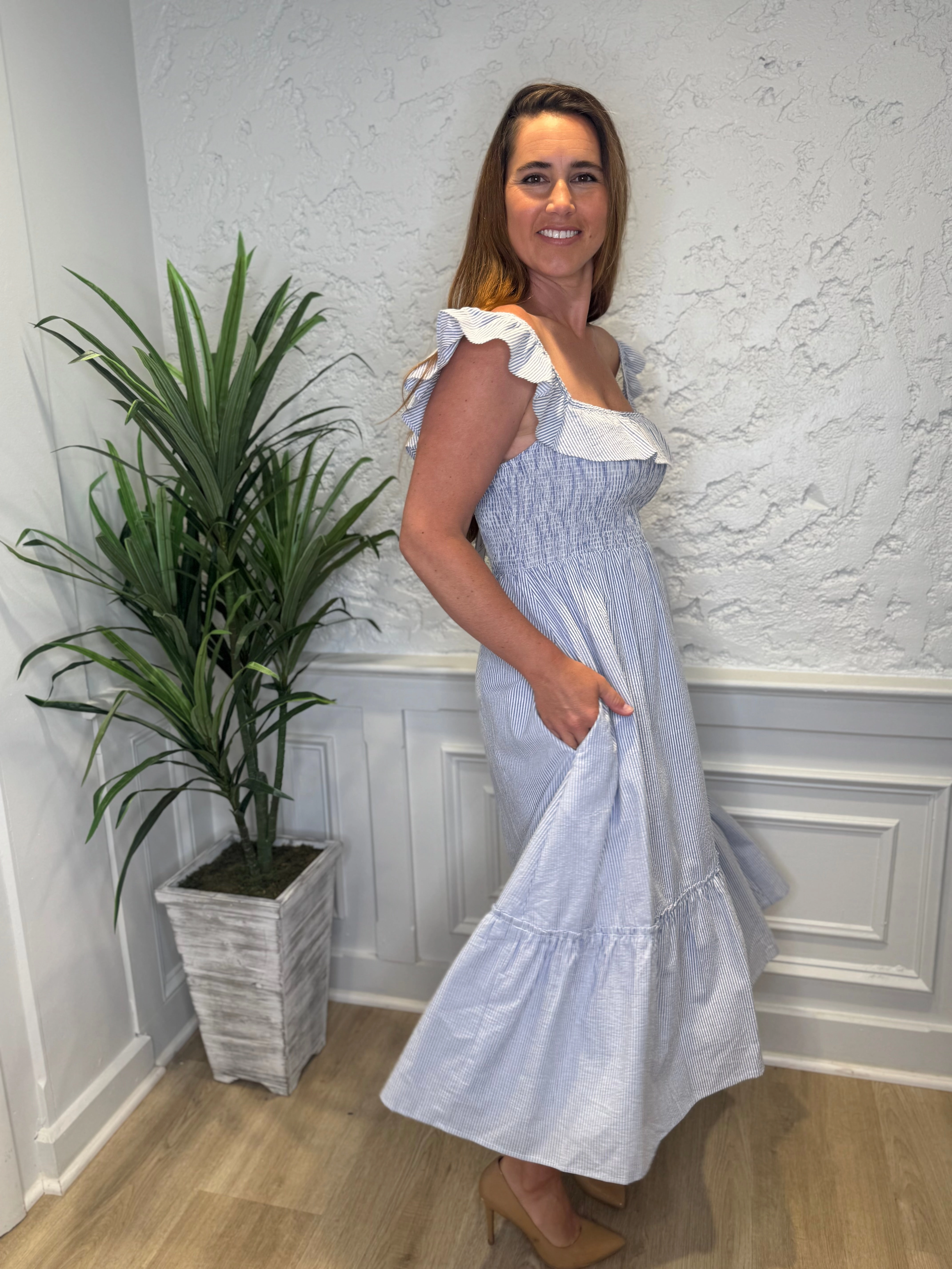Duffield Lane Fleur Dress - Skinny Blue Seersucker