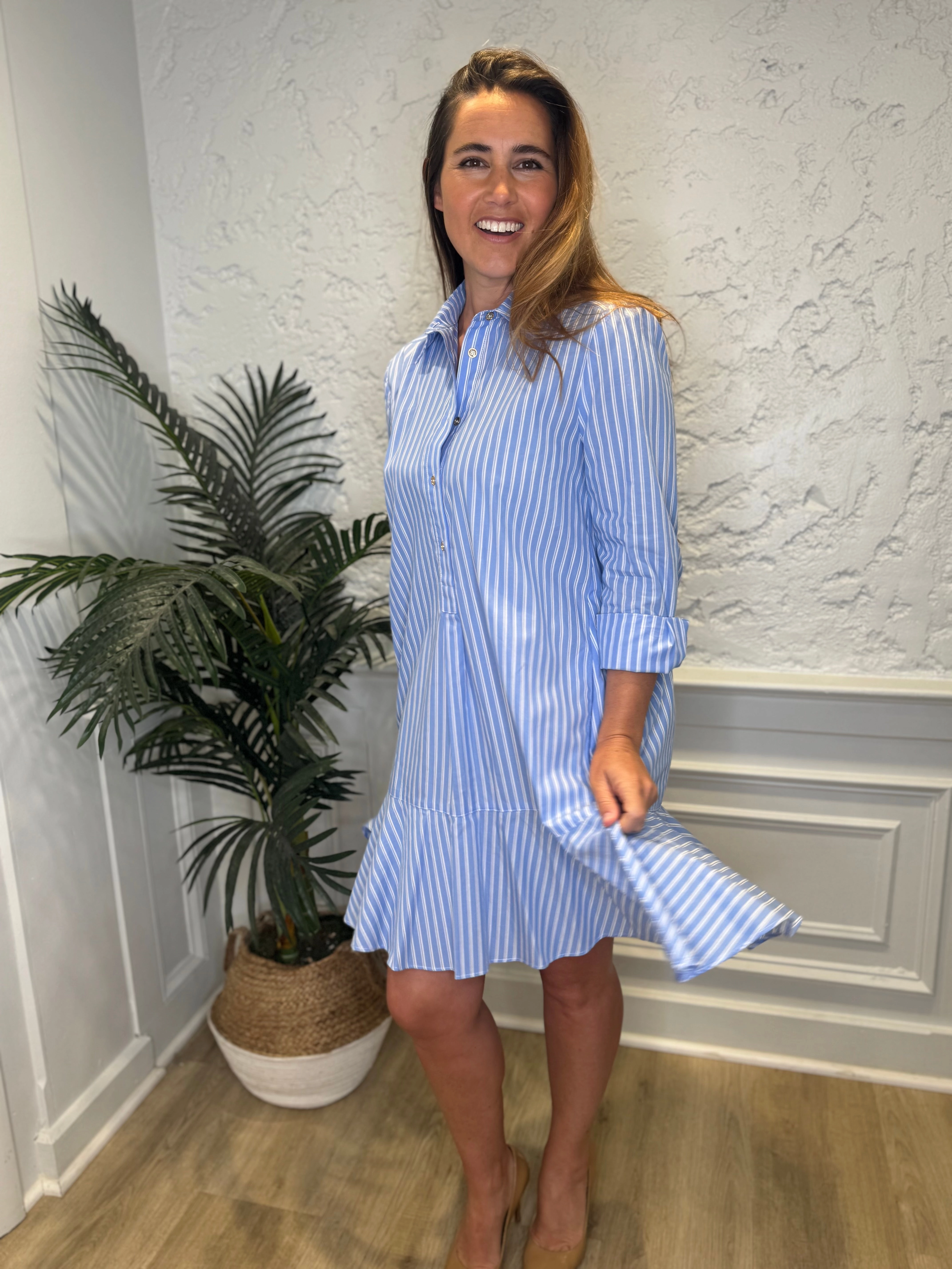 Duffield Lane Iris Drop Waist Shirt Dress - Light Blue Double Stripe