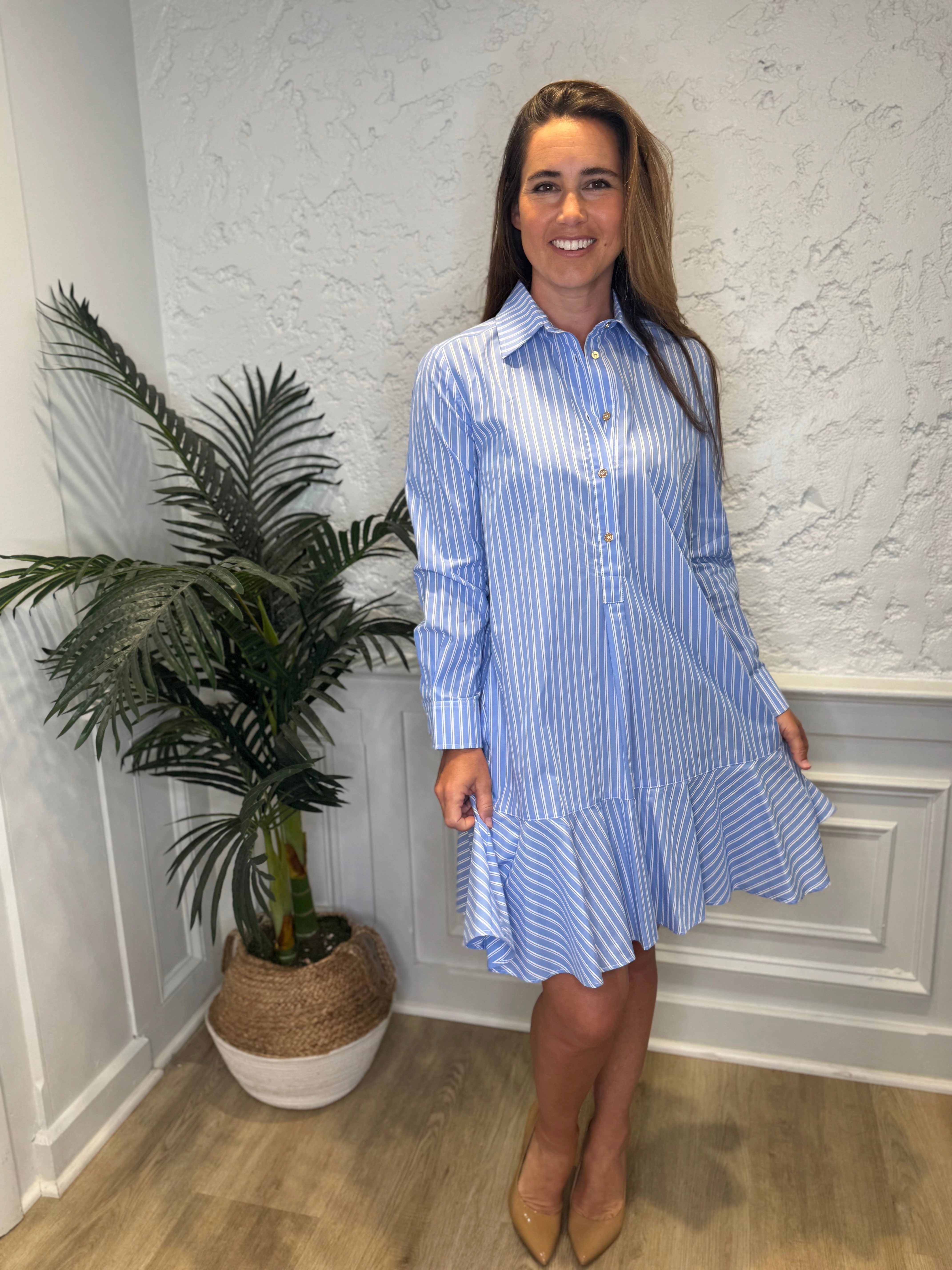 Duffield Lane Iris Drop Waist Shirt Dress - Light Blue Double Stripe