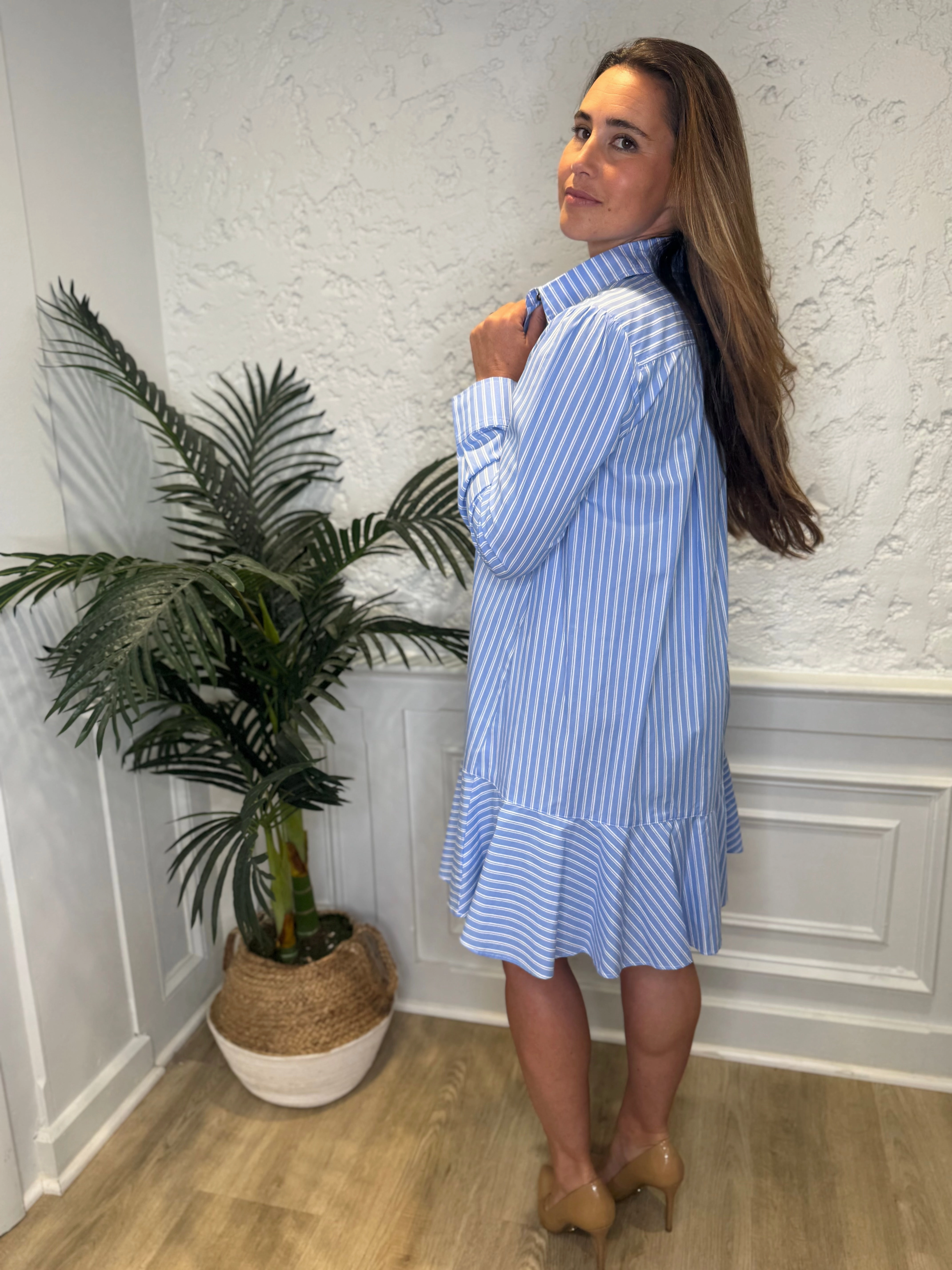 Duffield Lane Iris Drop Waist Shirt Dress - Light Blue Double Stripe