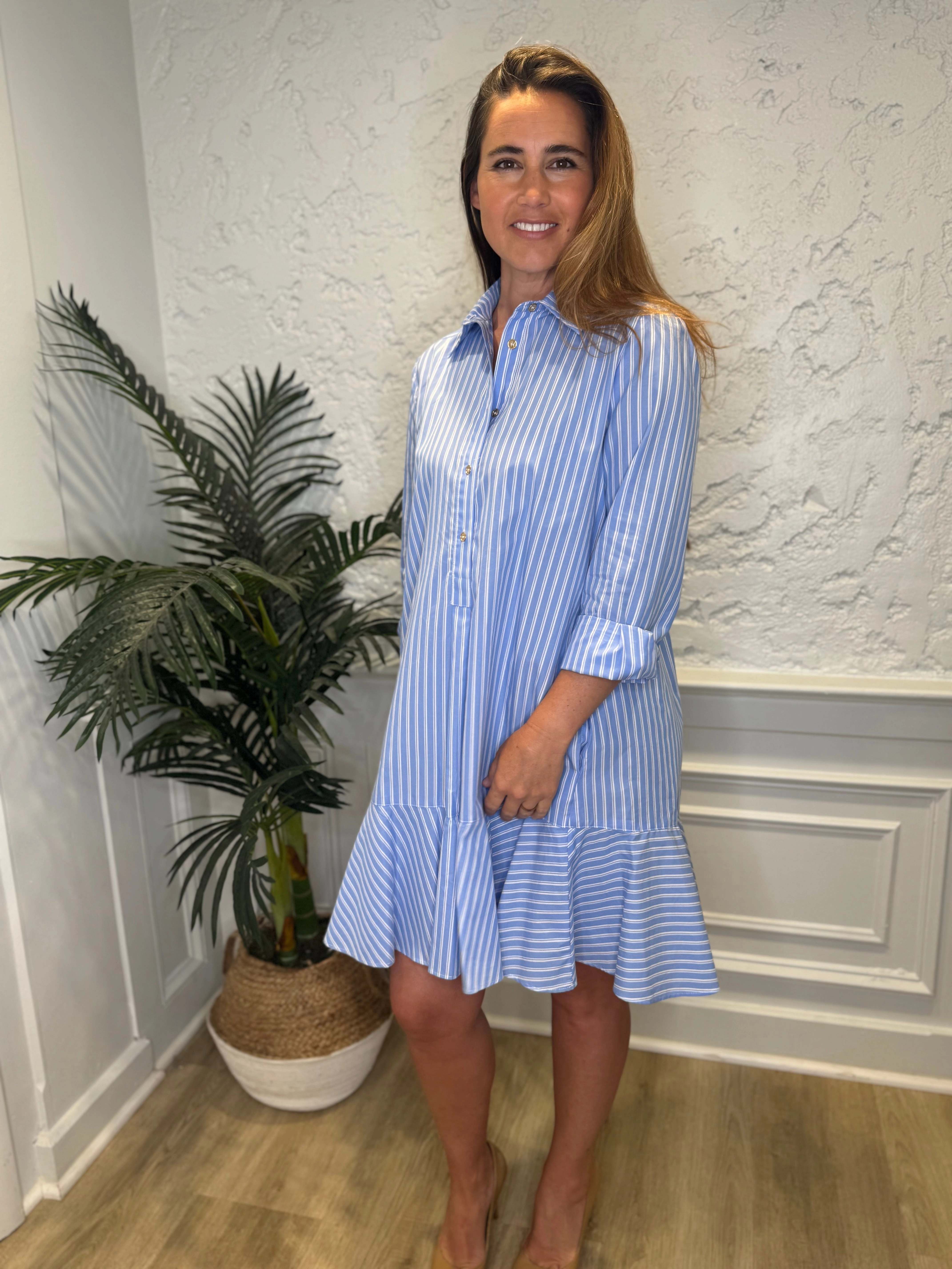 Duffield Lane Iris Drop Waist Shirt Dress - Light Blue Double Stripe