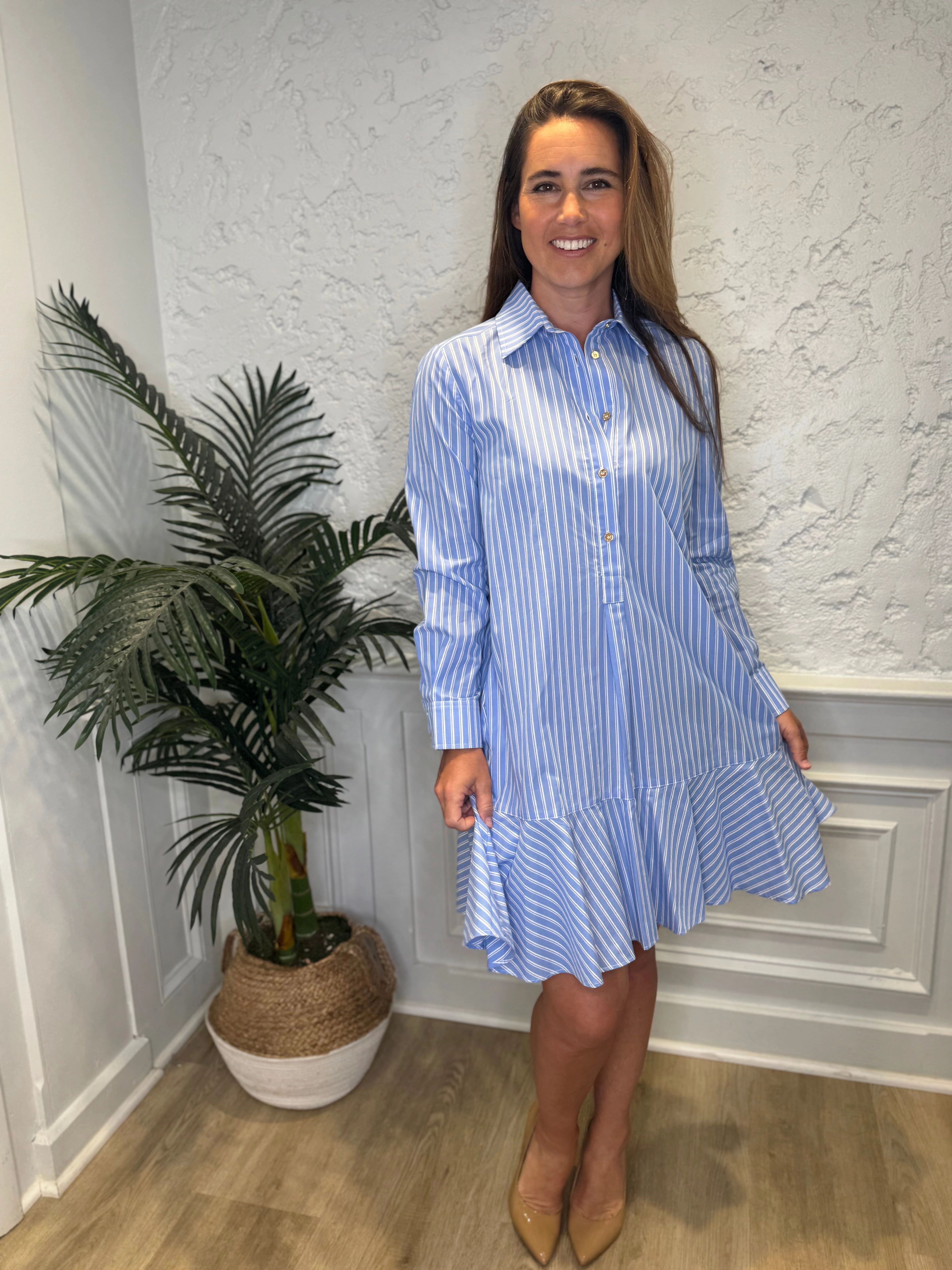 Duffield Lane Iris Drop Waist Shirt Dress - Light Blue Double Stripe