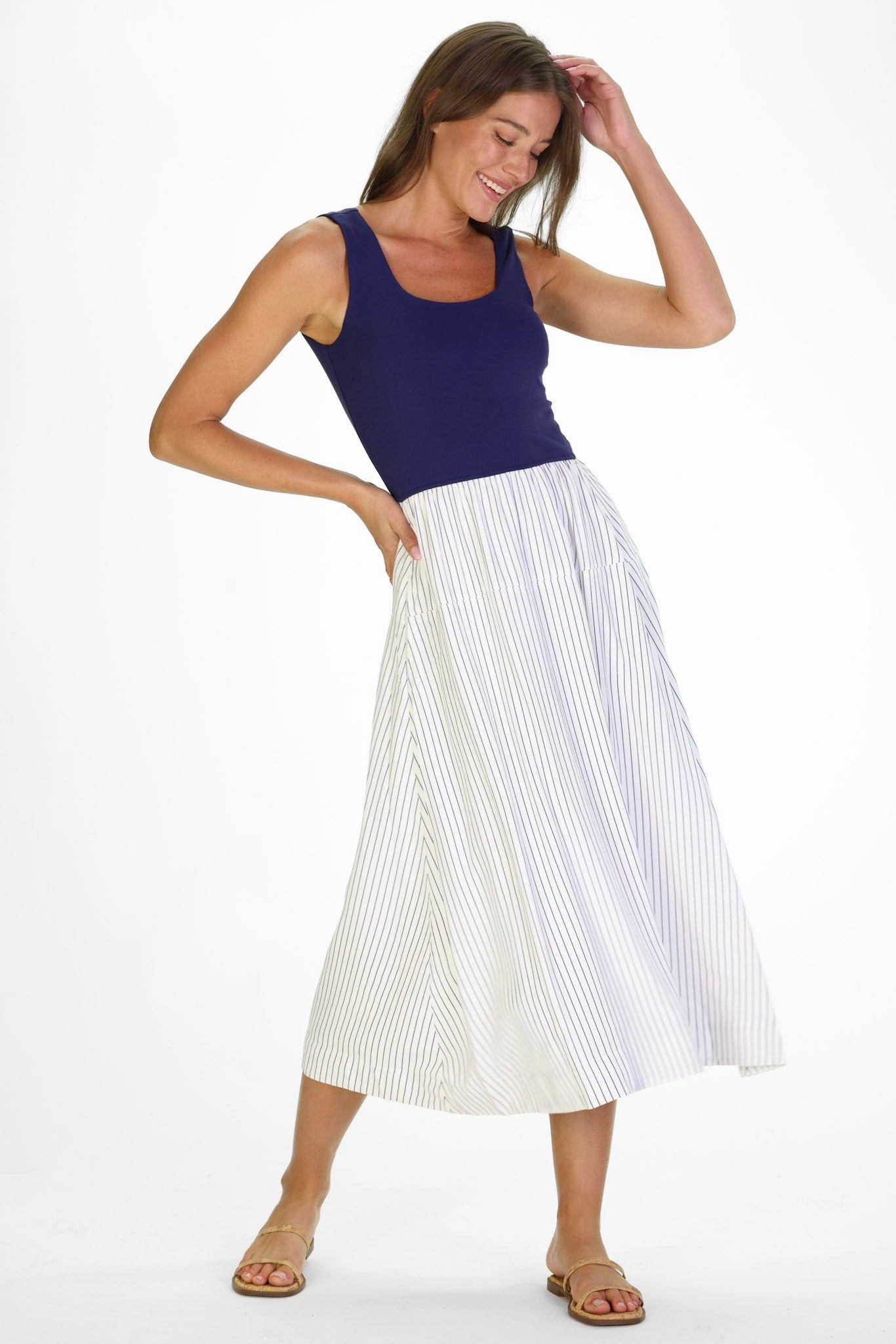 Duffield Lane Jada Midi Dress - Thin Navy Stripe