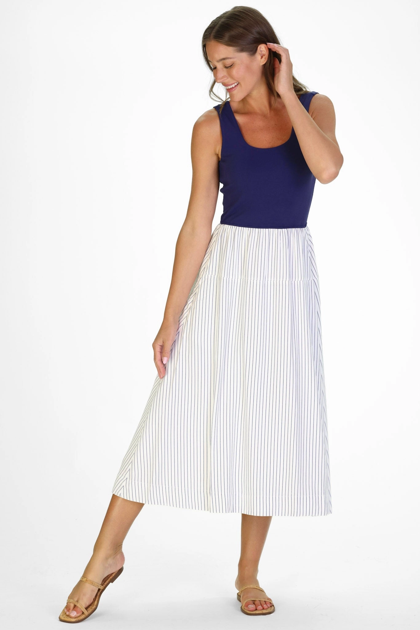 Duffield Lane Jada Midi Dress - Thin Navy Stripe